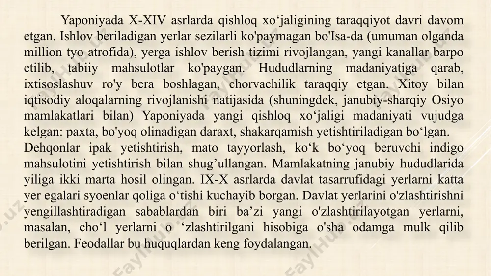 . uning ajdodlari fudzivara nomi bilan mashhur bo‘lgan va asta-sekin hokimiyatdagi muhim mansablarni egallay boshlagan. poytaxt zodagonlari yer egaligida katta huquqlarga ega bo'lgan. yer egalari asosan uch xil - in’om etilgan yerlar, lavozimiga ko'ra berilgan yerlar hamda davlat oldidagi xizmatlari evaziga berilgan yerlardan foydalangan. bunday daromadlardan tashqari davlat xazinasidan mavsumiy mablag'lar ham berilgan. ikkinchi guruh feodallariga mahalliy boshqaruv tizimidagilar kirgan bo'lib, ular viloyatlarni gubemator va ularning yordamchilari sifatida boshqargan. dastlab bu guruh ikkinchi guruhga izchil bog‘langan bo‘lib, poytaxtda hukmronlik qilayotgan feodallarning qarindoshlari edi. viloyatlardagi boshqaruvchilaming o'sayotgan obro'sini pasaytirish uchun har uch yilda ularning boshqarayotgan hududi o‘zgartirib turilgan. xi-xii asrlarda mulklar soni va o'lchami ko'paygan. bunday hollarda kichik mulklar xavf ostida bo‘lgan. ularni mahalliy hitkuniyal siquvga olar edi. natijada ular yirik mulkdorlarning mulkiga aylangan. mayda mulkdorlar ko'pincha qochoq dehqonlar hujumiga uchragan. ular noilojlikdan yirik feodallardan himoya topgan va buning evaziga mayda mulkdorlar o'zining mulkidan bir qismini yirik feodalga berib, uning himoyasiga …
