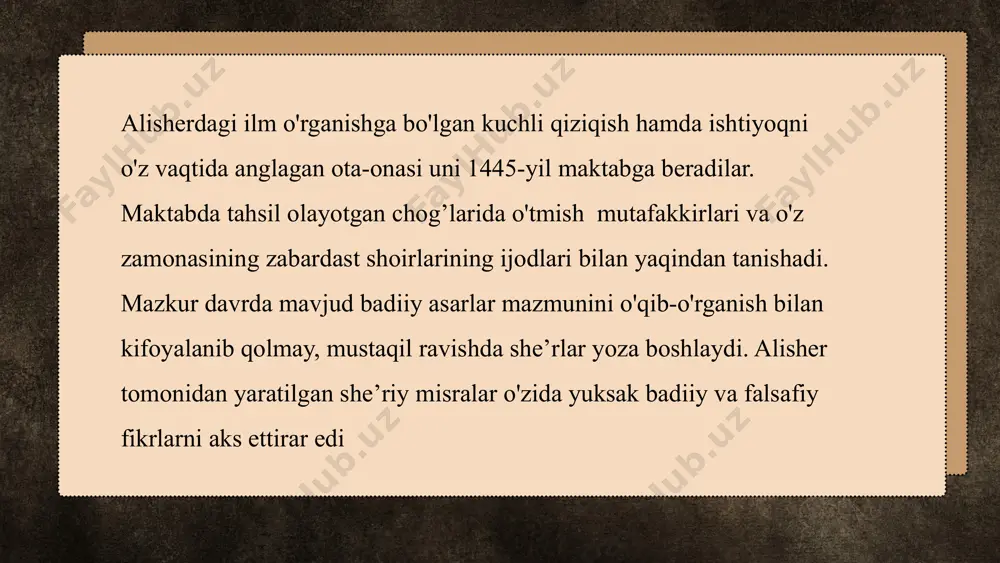 a va bergan malhamni ko'nglim tag-tugi bilan sezgandirman. zamon ahlidan ba’zi ham suhbatlar va davr kishilaridan ayrim do'stlar bu hollardan xabarsiz va ko'ngillari bu yaxshilik va yomonliklardan asarsizdir... asar uch qismdan iborat. navoiyning o'zi ta’kidlaganidek, asarning birinchi qismida turli toifaga mansub odam larning fel-atvorlari; ikkinchi qismida yaxshi xislatlar va yomon fe’llar, ularning o'ziga xos jihatlari; uchinchi qismida esa , yaxshi f e’l va xislatlar , insonda ularni shakllantirishga oid qarashlar bayon etiladi. alloma mazkur asarda kishilarni munosib va nomunosib kishilar tarzida ikki toifaga ajratadi. har bir insonning hayotda uchraydigan nomunosib kishilarni yaxshi xulqli insonlardan ajrata olish layoqatiga ega bo’lishi muhim ekanligi, yomon xislatlarga ega kishilar bilan munosabatda bo'lishdan saqlanish lozimligini uqtirib o'tar ekan, bu borada «mahbub ul-qulub» asaridan foydalanish foydadan xoli bo’lmasligini ta’kidlaydi. mazkur holat alisher navoiyning shaxsiy hayotiy tajribalari asosida yoshlarni komil inson bo’lib voyaga yetishishga undashidan dalolat beradi. . n a v o iy ilm -fanning inson kamolotidagi …