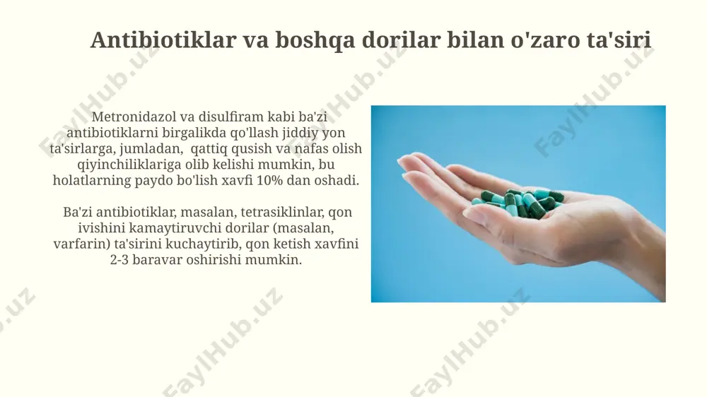 hraydi, shuningdek, fotosensitivlik ham kuzatiladi. antibiotiklar nima? antibiotiklarning samaradorligi turli xil bakteriyalar turlariga qarab farq qiladi va to'g'ri dozani tanlash va davolash kursi davomiyligi juda muhimdir, odatda 7-14 kun davom etadi. antibiotiklar bakteriyalarni, ya'ni bir hujayrali mikroorganizmlarni yo'q qilish yoki ularning o'sishini to'xtatishga mo'ljallangan kimyoviy moddalardir, taxminan 100 dan ortiq turdagi antibiotiklar mavjud. antibiotiklarning turlari aminoglikozidlar, tetrasiklinlar va makrolidlar kabi 3 ta asosiy antibiotik guruhi bakteriyalar oqsil sintezini to'xtatish orqali ta'sir ko'rsatadi, har biri turli bakteriyalar uchun samarali. beta-laktam antibiotiklari, masalan, penisilin va tsefalosporinlar, bakteriyalar hujayra devori sintezini to'xtatib, 4 asosiy guruhga bo'linadi va keng qo'llaniladi. aminoglikozidlar aminoglikozidlar gram-manfiy bakteriyalar, masalan, pseudomonas aeruginosa va escherichia coli kabi patogenlarga qarshi yuqori samaradorlik ko'rsatadi, minimal inhibitör konsentratsiyasi (mik) 1-4 mg/l oralig'ida bo'lishi mumkin. ushbu antibiotiklarning ototoksik va nefrotoksik ta'sirlariga ega ekanligi ma'lum bo'lib, taxminan 10% bemorlarda buyrak funksiyasining buzilishi kuzatiladi va audiogramma o'zgarishlari 5% gacha hollarda uchraydi. antibiotiklarning harakat mexanizmi beta-laktam antibiotiklari …