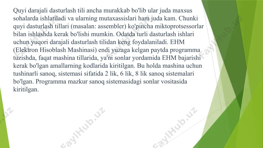i, tilning grammatikasi o‘rganish kerak bo‘ladi. qandaydir minimal bilim shakllangandan so‘ng, asta-sekin inson o‘z fikrini ifoda eta boshlaydi. dasturlash tillari bilan ham holat xuddi shunday. biror dasturlash tilida amaliy foyda keltiradigan dastur yozishni boshlash uchun ma’lum bilimlar majmuini egallash kerak, shundan so‘nggina dasturlashni boshlash mumkin. boshqa dasturlash tillaridan farqli ravishda, python da amaliy ahamiyatga ega dasturlarni ishlab chiqishga ancha ertaroq, hali tilning katta qismini o‘rganmasdan turib ham kirishish mumkin. 3. python interpretatsiya qilinadigan dasturiy til. dasturlash tillarini interpretatsiya qilinadigan va kompilyatsiya qilinadigan dasturlash tillariga bo‘lishadi. aniqroq aytganda, agar dasturlash tilidagi dasturni bajarish interpretatsiya orqali amalga oshirilsa, bunday tillar interpretatsiya qilanadigan til deyiladi. agar dasturlash tilidagi dasturni bajarish uchun uni avval mashina tiliga o‘tkazish talab qilinsa, bunday tillar kompilyatsiya qilinadigan tillar deyiladi. aslini olganda, kompyuter uchun yozilgan har qanday dastur interpretatsiya qilinadi. chunki mashina kodlaridagi dastur kompyuterning miyasi bo‘lgan protsessor tomonidan interpretatsiya qilinadi. interpretatsiya qilinadigan tillarda yozilgan dasturlar uchun maxsus – …