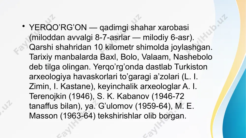 tli maqbaralar qurilishida koʻp bor qoʻllanilgan. v asrda shahar yongʻin ostida qolgan, soʻngra esa yana qayta tiklangan. vi asrda esa shahar butunlay vayron boʻldi. bu eftalitlarning turk hoqonlari va eron sosoniylarining birlashgan qoʻshinlari bosqini natijasida, xukmronlikni qoʻldan chiqarishi natijasida sodir boʻldi. shundan soʻng esa vi asr oxiri vii asr boshlarida tashlandiq shahar xarobalari ustida kulollar maxallasi bunyod etiladi. shahar ibodatxonasi qayta tiklandi. bu ibodatxonaning soʻngi davri vii asrda keshda zarb etilgan tangalarda oʻz aksini topgan. e’tiboringiz uchun rahmat! image2.jpeg image3.png image4.png image5.png image6.png image7.png image8.png image9.png image10.png image1.jpeg