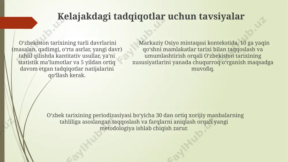 da milliy ozodlik harakatlari va pan-turkizm gʻoyalari oʻzbekiston tarixining yangicha talqinlariga va shu davrga oid turli xil tarixiy davrlashtirishga sabab boʻlgan. xix-xx asr boshlarida oʻzbekiston tarixining davrlashtirilishi rossiya imperiyasi tomonidan amalga oshirilgan boʻlib, bu davrda 1868 yildan keyin turkiston general-gubernatorligi tashkil etilishi asosiy omil hisoblanadi. e'tiboringiz uchun rahmat @taqdimot_robot