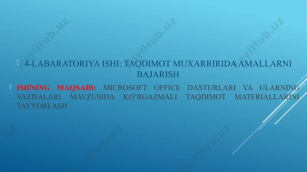 levizion ekranlarda koʻrishga moʻljallangan. microsoft access dasturidan maʼlumotlar bazasini yaratishda foydalaniladi. microsoft office keng tarqalgan ofis ishlarini avtomatlashtiruvchi dasturlar paketidir. uning tarkibiga kiruvchi access nomli dasturlar majmuasi hozirda mobt sifatida keng oʻrganilmoqda va qoʻllanilmoqda. moning dastlabki oynasi soddaligi va tushunarliligi bilan ajralib turadi. undagi oltita ilova, dastur ishlaydigan olti obyektni tasvirlaydi. bular jadvallar, soʻrovlar, shakllar, hisobotlar, makroslar va modullar. microsoft publisher'da ish stoli nashriyot dasturi dasturida yaratilgan sahifa tartibi hujjatlari uchun tabiiy fayl formati pub . odatiy bo'lib, microsoft publisherda bir nashrni (bir yoki bir nechta sahifa hujjatlarini) saqlaganingizda, .pub kengaytmasi bilan fayl yaratadi. .pub fayl kengaytmasi bo'lgan fayllar matn, grafikalar va formatlash ma'lumotlarini o'z ichiga olgan tayyorlangan fayllardir. pub fayl formati microsoft tomonidan xususiy fayl formati. pub fayllari faqat microsoft publisher-da ochilishi va tahrirlanishi mumkin. nashriyotchi ba'zi microsoft office paketlariga kiritilgan bo'lsa-da, word kabi boshqa ilovalar pub fayllarini ocholmaydi va publisherning yangi versiyalarida yaratilgan pub fayllari ko'pchilik bilan keng …