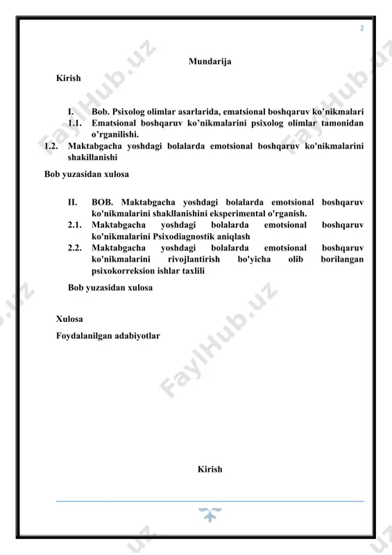 maktabgacha ta’limni boshqarish tizimini takomillashtirish, maktabgacha ta’lim muassasalari faoliyatini moliyalashtirish shaffofligi va samaradorligini ta’minlash; - maktabgacha ta’lim tizimiga maktabgacha ta’lim tizimi xodimlarini tayyorlash, qayta tayyorlash, malakasini oshirish, tanlab olish va rivojlantirishga mutlaqo yangi yondashuvlarni joriy etish; - maktabgacha ta’lim muassasalarida bolalarning sog‘lom va balanslashtirilgan ovqatlanishini, sifatli tibbiy parvarishini ta’minlash[footnoteref:1], maqsadida bugungi kunda ta’lim tizimining eng yuqori bo’g’ini bo’lgan maktabgacha ta’lim tizimida yosh avlodni tarbiyalash masalasi ko’ndalang turadi. ularning tarbiyasidagi aynan ahloqiy xatti-harakatlarini psixologik jihatdan shakillantirish bugunning dolzarb masalasiga aylanib bormoqda. [1: . lex.uz/news/prezident-2030-yilgacha-maktabgacha-ta-lim-tizimini- rivozhlantirish-boyicha 3326-sonli qo’shma qarori.] kurs ishining maqsadi: maktabgacha yoshdagi bolalarda emotsional boshqaruv ko'nikmalarini shakllantirishning psixologik xususiyatlari o’rganish. kurs ishining ob’ekti: kurs ishining predmeti: maktabgacha yoshdagi bolalarda emotsional boshqaruv ko’nikmalarini shakllantirishning psixologik xususiyatlari, omillari va usullari. kurs ishining vazifalari: 1. ematsional boshqaruv ko’nik malarini psixolog olimlar tamonidan o’rganilishi. 2. maktabgacha yoshdagi bolalarda emotsional boshqaruv ko'nikmalarini shakillanishi 3. maktabgacha yoshdagi bolalarda emotsional boshqaruv ko'nikmalarini psixodiagnostik aniqlash 4. maktabgacha yoshdagi …
