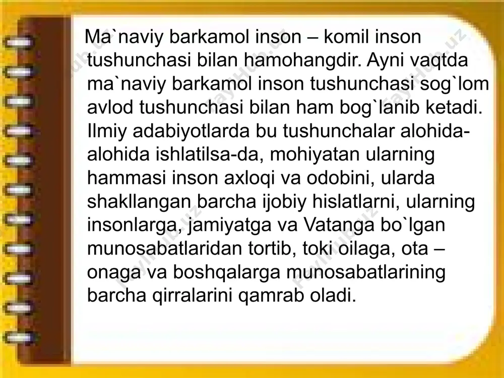 , inson о‘z turmushi uchun zarur bо‘lgan moddiy va ma’naviy boyliklarni ishlab chiqarish, yaratish malakasiga ega ekanligi ham ana shunday xususiyatlardan biri hisoblanadi. inson hayotida mehnat asosiy rol о‘ynaydi. mehnat tufayli inson о‘zi yashayotgan tabiatga ta’sir etadi, uni о‘zgartiradi, moddiy va ma’naviy boyliklarni yaratadi. amerikalik olim b.franklin “inson mehnat qurollarini yaratuvchi jonzotdir”, deb ta’riflagan. inson о‘z aqli tufayli butun koinot, tabiat taraqqiyotida buyuk yaratuvchi kuch sifatida namoyon bо‘ladi, о‘z tarixini yaratadi, uni avaylab-asraydi. inson faoliyati va tajribalari jamiyatning takomillashuvi va kishilarning har tomonlama kamol topishi uchun manba bо‘lib xizmat qiladi. komil inson to’g’risidagi nazarya va uslubiyat metodologik jihatdan o’zbekiston prezidenti asarlarida, o’zbekiston respublikasi konstitutsiyasida,”ta’lim to’g’risidagi qonun” da, “kadrlar tayyorlash milliy dasturida” va boshqa hujjatlarda har tomonlama ishlab chiqilgan. shularga muvofiq ravishda ta’lim tizimini yangi zamon talablari darajasiga ko’tarish,sog’lom barkamol, ma’naviyatli yoshlarni tarbiyalasheng muhim vazifa ekanligi belgilab berilgan. o’zbekiston respublikasi prezidentining “ta’lim-tarbiya va kadrlar tayyorlash tizimini tubdan isloh qilish, barkamol avlodni …