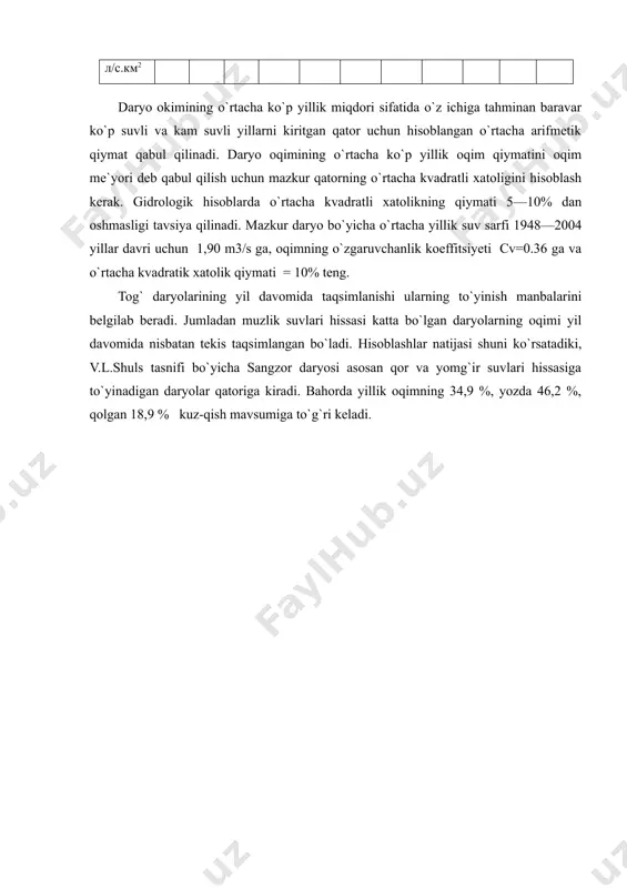 qiymati 5—10% dan oshmasligi tavsiya qilinadi. mazkur daryo bo`yicha o`rtacha yillik suv sarfi 1948—2004 yillar davri uchun 1,90 m3/s ga, oqimning o`zgaruvchanlik koeffitsiyeti cv=0.36 ga va o`rtacha kvadratik xatolik qiymati = 10% teng. tog` daryolarining yil davomida taqsimlanishi ularning to`yinish manbalarini belgilab beradi. jumladan muzlik suvlari hissasi katta bo`lgan daryolarning oqimi yil davomida nisbatan tekis taqsimlangan bo`ladi. hisoblashlar natijasi shuni ko`rsatadiki, v.l.shuls tasnifi bo`yicha sangzor daryosi asosan qor va yomg`ir suvlari hissasiga to`yinadigan daryolar qatoriga kiradi. bahorda yillik oqimning 34,9 %, yozda 46,2 %, qolgan 18,9 % kuz-qish mavsumiga to`g`ri keladi.