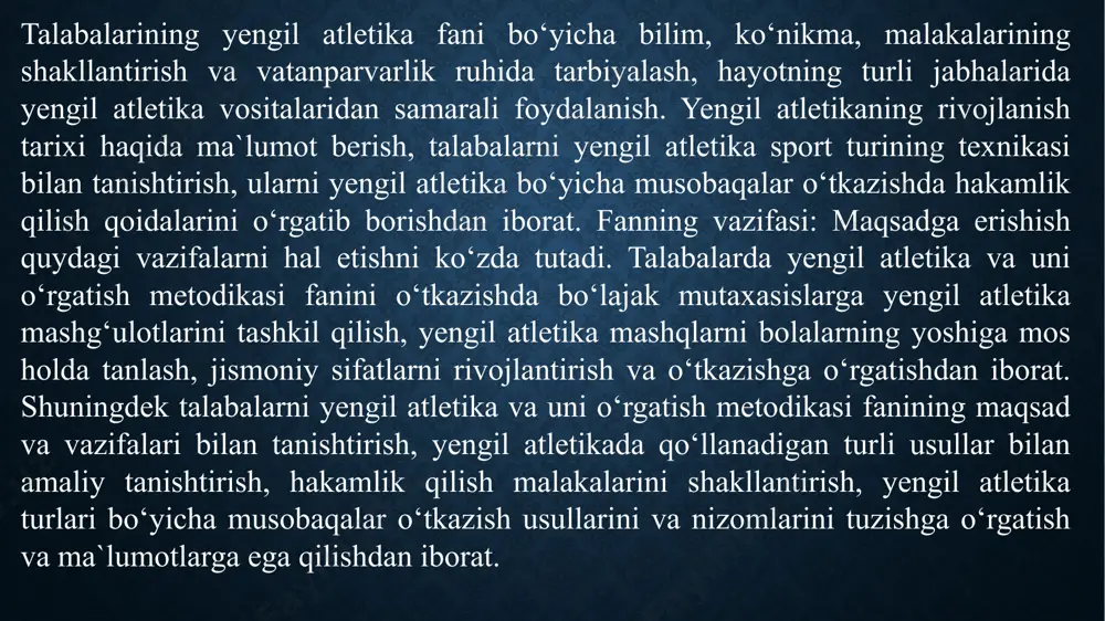 qalari, shuningdek chet el sportchilari ishtirokidagi ochiq musobaqalar ham shu qoidalarga binoan o‘tkaziladi. xalqaro rasmiy musobaqalar olimpiada o‘yinlari, jahon chempionati, evropa, osiyo, jahon kubogi, kontinental hududiy jamoa chempionatlari yoki o‘yinlari (bir necha iaaf a`zolari o‘rtasida uchrashuvlar) o‘zbekiston zaminida iaaf qoidalari asosida o‘tkazilishi haqida nazariy ma`lumotlarga ega qilish. yengil atletika bo‘limlari va ularning turkumlanishi yengil atletika besh bo‘limdan (yurish, yugurish, sakrash, uloqtirish va ko‘p kurashdan) iborat bo‘lib, ularning har qaysisi ham xilma-xil turlarga bo‘linadi yengil atletika turli yoshdagi kishilar uchun ajoyib jismoniy mashqlar hisoblanadi.yengil atletika shug‘ullansa barcha muskullar ishlaydi, organizmdagi yurak-qon tomir, nafas olish va boshqa sistemalar faoliyati kuchayadi, natijada modda almashinishi ortishi va odam organizimiga ta`siri haqida nazariy ma`lumotlarga ega qilish. yengil atletika turlari texnikasini o‘rgatish yengil atletika turlari texnikasini har bir shug‘ullanuvchini yugurishning xususiyatlari bilan tanishtirish , kamchiliklarini aniqlash, katta ham, o‘smirlar ham o‘rganishlari mumkinligi va o‘rgatishning asosiy vazifasi yurish, yugurish, sakrash, uloqtirish, kupkurashdan iborat ekanligini tushuntirib beriladi. yengil …