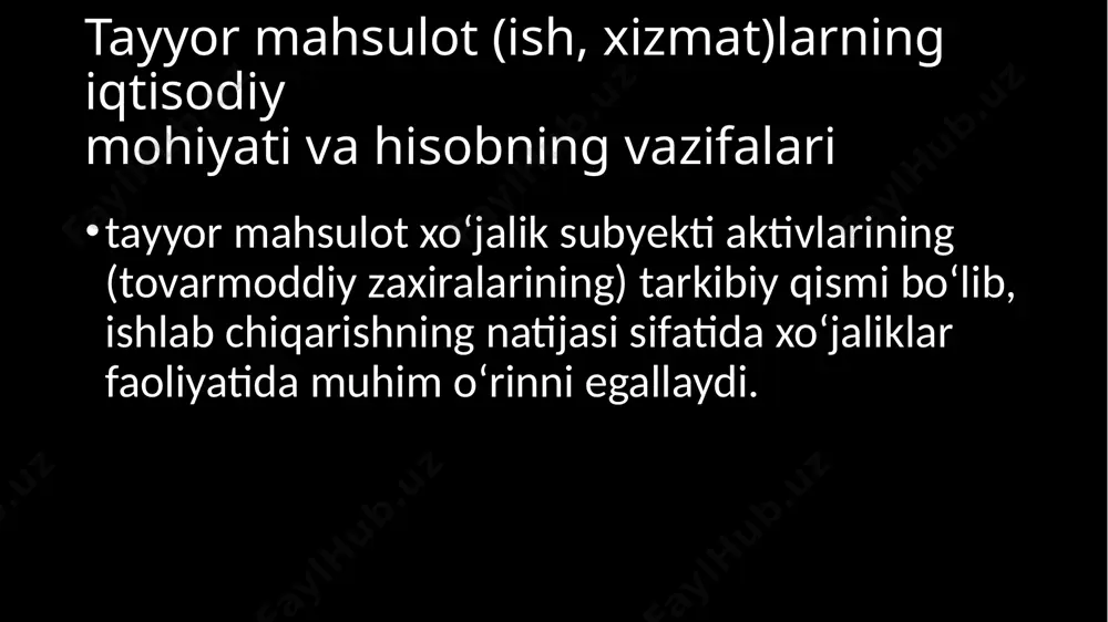 da, ish va xizmatlar boshqa tashkilotlar tomonidan bajarilganda shartnomaviy baholarda, tomonlaming kelishuvi asosidagi joriy baholarda hisobga olinadi. tayyor mahsulot (ish, xizmat)laming dastlabki, sintetik va analitik hisobi qishloq xo‘jalik korxonalarida yetishtirilgan mahsulotlaming harakati quyidagi hujjatlarda rasmiylashtiriladi: — don va boshqa mahsulotlami daladan jo ‘natish reyestri —don ekinlari mahsuloti bo‘yicha; — qishloq xo‘jalik mahsulotlarining kelishi kundaligi - sabzavot, meva, poliz, tuxum va boshqalar; — paxta terimi to‘g‘risidagi kunlik ma’lumot — paxta daromadi bo‘yicha; — dag‘al va shirali ozuqalami daromadga olish dalolatnomasi — ozuqani daromadga olishda; — o ‘simlikchilik mahsulotlarini saralash va quritish dalolatnomasi; — don va boshqa mahsulotlar harakati qaydnomasi — donli ekinlar mahsulotlarini yig'ishtirib olish mavsumida; xo‘jaliklarda tayyor mahsulotning sintetik va analitik hisobiga quyidagi hisobvaraqlar muljallangan: 2810 — ombordagi tayyor mahsulotlar; 2820 — ko‘rgazmadagi tayyor mahsulotlar - ko£rgazma, yarmarka, reklama va ko‘rsatishga muljallangan tayyor mahsulot; 2830 — komissiyaga berilgan tayyor mahsulotlar - komissiya va konsignatsiya bo‘yicha ortib jo ‘natilgan tayyor mahsulotlar. …