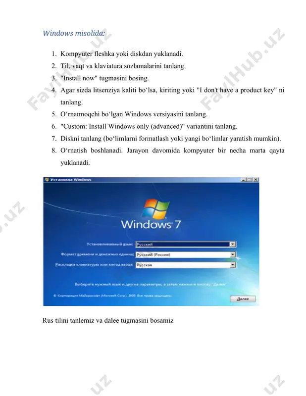 ay chaqiriladi: ctrl + shift + esc yoki ctrl + alt + delete → "task manager". · vazifalar: · ishlayotgan jarayonlarni ko‘rish (processes bo‘limi). · har bir jarayonning cpu, ram, disk, tarmoq yuklamasini tekshirish. · jarayonni yakunlash: kerakli jarayonga o‘ting → "end task". win r tugmasi orqali hujjatlar bilan tezroq ishlanadi cmd – bilganlar, tushunganlar uchun qulay, ish bajaruvchi dastur “командная строка” ni ishga tushirish. win r bilan tezkor ishlash amaliy mashg`ulot. 3. mavzu: xotirani boshqarish maqsad va vazifalar: xotirani boshqarish bo`yicha bilim va ko`nikmalarni hosil qilish. jihozlar va dasturiy vositalar: kompyuter, ms windows (yoki boshqa ) ot. xotirani boshqarishning asosiy vazifalari: 1. xotirani ajratish (allocation) – dastur ishga tushganda unga kerakli miqdorda ram ajratiladi. 2. xotirani bo‘shatish (deallocation) – dastur yopilganda yoki tugagach, xotira tizimga qaytariladi. 3. xotirani kuzatish (monitoring) – tizim ishlayotgan dasturlar necha mb/gb xotira ishlatayotganini aniqlash. 4. virtual xotira (virtual memory) – jismoniy ram yetarli bo‘lmaganda, …