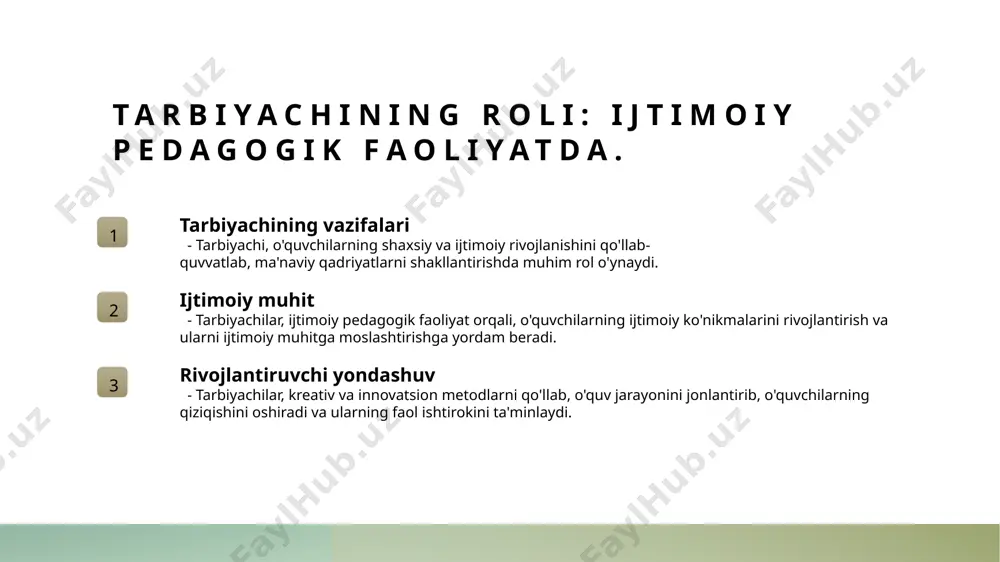 i deviantliklarni bartaraf etish uchun, individual yondashuv va ijtimoiy qo'llab-quvvatlash muhimdir. 4 yechimlar va innovatsiyalar - kreativ yondashuvlar, yangi ta'lim metodlari va innovatsion dasturlar orqali deviantliklarni kamaytirish va ijtimoiy o'zgarishlarga yo'l ochish mumkin. ta'limda kreativ yondashuv: innovatsiyalar va an'analar o'rtasida muvozanat. innovatsiyalar va an'analar ta'limda innovatsiyalar va an'analar o'rtasida muvozanat yaratish, ta'lim jarayonini samarali va malakali qilishda muhim ahamiyatga ega. kreativ yondashuv kreativ yondashuv, talabalarning o'z fikrlarini erkin ifoda etishiga imkon beradi, shuningdek, yangi g'oyalar va yechimlarni ishlab chiqishga rag'batlantiradi. muvozanat yaratish innovatsiyalar va an'analar o'rtasida muvozanatni ta'minlash, ta'lim jarayonining samaradorligini oshirish va madaniy qadriyatlarni saqlashda muhimdir. madaniy-tarixiy asoslar: ta'lim jarayonida ijtimoiy kontekstning roli. 01 madaniy kontekst ta'lim jarayonida madaniy kontekst, talabalarning qadriyatlari va an'analari orqali o'zaro aloqalarni rivojlantirishda muhim rol o'ynaydi. 02 tarixiy asoslar tarixiy asoslar ta'lim jarayonini shakllantiradi, o'zbekistonliklar uchun tarixiy meros va madaniyatni saqlab qolish zarurligini anglatadi. 03 ijtimoiy ta'sirlar ijtimoiy ta'sirlar, ta'limda fuqarolarni tarbiyalashda va ularning …