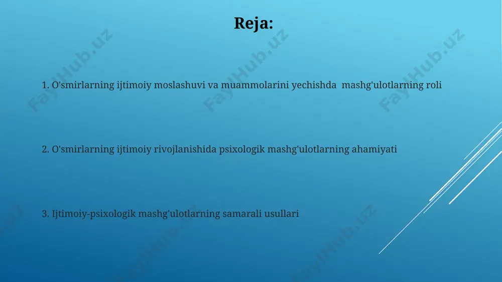 da o'smirlarning 70% ga yaqini guruhli psixodramma mashg'ulotlaridan ijobiy natijalar olganligi kuzatilgan, bu esa ushbu metodning samaradorligini tasdiqlaydi. ijtimoiy mas'uliyatni oshirish o'smirlarda ijtimoiy mas'uliyatni rivojlantirishda samarali usullardan biri – jamoaviy xizmat ko'rsatish dasturlari bo'lib, bu ularga 20 soatdan kam bo'lmagan ko'ngillilik ishlarida qatnashish imkonini beradi. ijtimoiy mas'uliyatni oshirish bo'yicha o'tkazilgan tadqiqotlar shuni ko'rsatdiki, 12-15 yoshdagi o'smirlarning 70% atrof-muhit muhofazasi loyihalarida faol ishtirok etishga tayyor. roll o'ynash o'yinlari va ularning samaradorligi o'yin davomida 3-5 kishidan iborat guruhlarda o'tkazilgan roll o'ynash mashg'ulotlari, o'smirlarning muammoli vaziyatlarni hal qilish qobiliyatini 50% ga oshirishi mumkin. roll o'yinlari, 10-15 yoshli o'smirlarning muloqot ko'nikmalarini rivojlantirishda 70% ga yaqin samaradorlik ko'rsatadi, bu ijtimoiy rollarni o'rganish va empatiyani oshirish orqali amalga oshiriladi. kritik fikrlash va muammo hal qilish ko'nikmalarini rivojlantirish ro'yxatlash, guruhlash va tahlil qilish kabi 4ta asosiy usulni qo'llagan holda, murakkab vaziyatlarni soddalashtirish va analitik qarashni rivojlantirish mumkin. tanqidiy fikrlashni rivojlantirish uchun 5-7 yoshli o'quvchilarga "miya bo'roni" texnikasi …