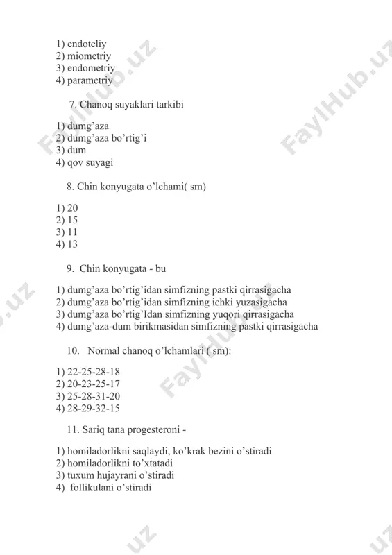 hayz bo’yicha aniqlashda … 1) oxirgi xayzning birinchi kuniga 8 oy qo’shiladi 2) 3 oy oyrilib va 7 kun qo’shiladi 3) 4 oy ayiriladi 4) 9 oy qo’shiladi 18. birinchi tug’uvchilarda homilaning birinchi qimirlashi 1) 18-hafta 2) 20-hafta 3) 22-hafta 4) 16-hafta 19. leopold usulida 3-holatda nima aniqlanadi 1) homila holati 2) homila joylashuvi 3) homilaning oldinda keluvchi qismi 4) homila yurak urishi 20. qaysi tibbiy muassasalarda maxsus akusherlik yordami ko’rsatiladi 1) oilaviy shifoxonalardagi tug’ruq bo’limlarida 2) markaziy oilaviy shifoxonalarning tumanlararo bo’limlarida 3) oilaviy shifoatxonalardagi tug’ruq bo’limlarida 4) perinatal markazlarda 21. tuf’ruq kompleksiga qaysi bo’lim kirmaydi 1) tug’ruq bo’limi №1, tug’ruq bo’limi №2 2) poliklinikadan keying bo’lim 3) chaqaloqlar reanimasiyasi bo’limi 4) ginekologiya reanimatsiya 22. onalar va perinatal o’lim ko’rsatkichlarini hisoblashga kirmaydi 1) onalar o’limi – bu vafot etgan tug’gan ayollarning 100000 o’lik tug’lgan chaqaloqlarga nisbati 2) 100000 tirik tug’lganlarning absolyut soniga nisbati 3) perinatal o’lim – tug’ruqga bog’liq o’lim …