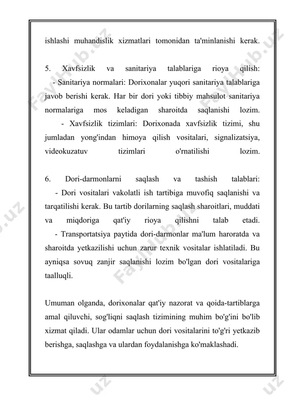 ladi. ular bemorlar uchun tezkor dori-darmonlarni taqdim etishga mo'ljallangan. bunday dorixonalarda tibbiy muassasada ishlaydigan shifokorlar tomonidan yozilgan retseptlar asosida dori vositalari sotiladi. 5. franchise dorixonalar bu turdagi dorixonalar ma'lum tarmoq yoki xoldingga tegishli. ular bir xil brend ostida ishlaydi va brend identifikatsiyasini saqlab qoladi. franchise dorixonalar ko'pincha keng tarqalgan va mijozlar orasida ishonchli bo'lgan dori tarmog'iga ega bo'ladi. xizmat ko'rsatish va huquqiy masalalar: - dorixonalar o'zbekiston respublikasi sog'liqni saqlash vazirligi tomonidan berilgan litsenziya asosida faoliyat ko'rsatadi. dorixonalarning sanitariya-gigiyena talablarga mosligi muntazam ravishda tekshiriladi. - an'anaviy dorixonalarda ish tajribasi katta bo'lgan farmatsevt va farmakologlar ishlashi zarur. ular mijozlarga dori-darmonlar haqida to'liq ma'lumot berishi va foydalanuvchilarga kerakli maslahatlarni taqdim etishi kerak. - dorixonalar dori-darmonlarni qabul qilingandan keyin belgilangan vaqt ichida saqlash va sotish uchun aniq muddatlarga rioya qilishlari lozim. tarqatilgan dori vositalarining saqlash muddati diqqat bilan nazorat etilishi darkor. an'anaviy dorixonalar va raqamlar: - o'zbekiston bo'ylab dorixonalar soni turli ma'lumotlarga ko'ra mingdan …