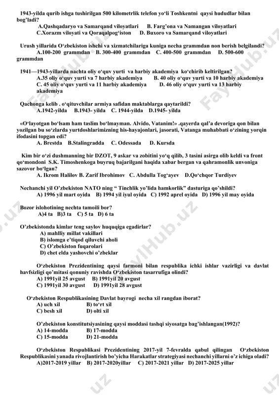 ikasi oliy sudi d. o’zbekiston respublikasi kostitusiya sudi «yunusobod» sport majmualari quyidagi qaysi shaharda joylashgan? a) toshkent b) jizzax c) namangan d) samarqand ikkinchi jahon urushi yillarida turli millatlarga mansub bo‘lgan 14 bolani farzandlikka olgan toshkentlik temirchi ustani aniqlang? a.shoahmad shomahmudov b. hamid samatov c. fotima qosimova d.zebo g’aniyeva 1943-yilda o‘zbekistonning eng yirik gidroelektrostansiyasi ……….qurilishi boshlandi? a farhod ges b. qibray ges c. taligulyan ges d. salor ges bugungi kunda ilmiy tadqiqot bilan shug‘ullanuvchi … muassasa ro‘yxatga olingan bo‘lib, fan sohasida … mutaxassis, jumladan, …dan ortiq fan doktori va …dan ortiq fan nomzodi faoliyat olib bormoqda. (nuqtalar o’rniga qo’ying) a) 400 ta, 36 ming, 2 ming, 9 ming b) 450 ta, 36 ming, 4 ming, 8 ming c) 400 ta, 30 ming, 2 ming, 9 ming d) 430 ta, 36 ming, 3 ming, 7 ming 1943-yilda qurib ishga tushirilgan 500 kilometrlik telefon yo‘li toshkentni qaysi hududlar bilan bog’ladi? a.qashqadaryo va …