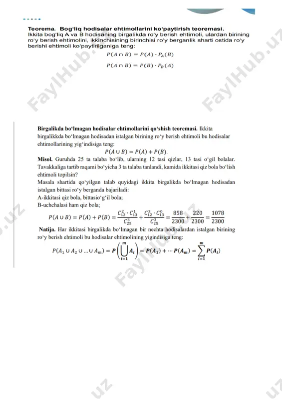 a ehtimolligini topamiz: 𝑃(�̅�) = 1 − 27 216 = 189 216 13.to‘la ehtimollik va bayes teoremasi. 𝛺 ga ellips shaklidagi a hodisa ham berilgan bo‘lsin. masalaning shartiga kо’ra: 𝑃 𝐴1 = 𝑃 𝐴2 = 0.5 𝑃 𝐵 τ 𝛢 𝑘 = ( 𝑀 𝑘𝑁 ) 𝑛 ; 𝑘 = 1 , 2 ; beyes formulasiga kо’ra 𝑃 𝛢𝑘τ𝐵 = 12(𝑀𝑘𝑁 )𝑛 12(𝑀1𝑁 )𝑛+12(𝑀2𝑁 ) 𝑛 = 𝑀 𝑘𝑛 𝑀 1𝑛 + 𝑀 2𝑛 ; 𝑘 = 1 , 2 ; agar 𝑀 2 < 𝑀 1 b о’lsa, u holda 𝑛 → ∞ 𝑑𝑎 𝑃 𝛢 1 τ 𝐵 = 1 1 + 𝑀 2 𝑀 1 𝑛 → 1 14.bog’liqsiz tajribalar ketma-ketligi. ta’rif: takrorlanadigan sinovlardan har birining u yoki bu natijasining еxtimolligi boshqa sinovlarda qanday natijalar bо’lganligiga bog’liq bо’lmasa, ular bog’liqmas sinovlar ketma - ketligini hosil qiladi deyiladi. 15.bernulli sxemasi. 16.muavr-laplasning local va integral teoremalari. 17.puasson teoremasi. 18.eng …