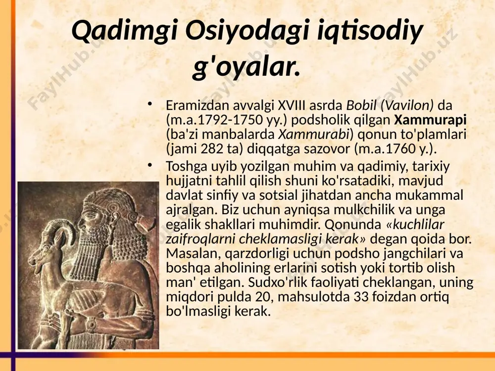 ibdiki, unda reaktsionlik elementlari bor, ammo bu g'oyada xalq ommasining noroziligi ham aks etgan, chunki tsivilizatsiya yutuqlari ekspluatatsiya manfaatlariga ham xizmat qilayotgan edi. bunda kurashdan voz kechish, davlatning xalq hayotiga aralashuvini inkor etish fikrlari ustun kelgan. qadimgi gretsiya (yunoniston) da ijtimoiy-iqtisodiy hayotning hamma jabhalarida “quldorlik”- bevosita ishlab chiqaruvchilarni ekspluatasiya qilishning asosiy shakliga aylangan edi. ishlab chiqarish asosan quldorlik munosabatlariga asoslanib olib borildi, qul asosiy ishlab chiqaruvchi kuch hisoblangan 2. qadimgi yunonistondagi iqtisodiy ta'limotlar dastlabki iqtisodiy g'oyalar gomerning «iliada» va «odisseya» poemalarida aks ettirilgan bo'lib, iqtisodiyotning natural xo'jalik konsepsiyasi ilgari surilgan. yunon shoiri gesiad (m.a.8-7 asrlar) ning «mehnat va qonunlar» asarida boylikning kuchi, hokimiyati aks ettirilgan. u dehqonchilikni ulug'laydi, bu sohada qisman qullar mehnati ham ishlatilgan. u davrda oddiy xalq orasida mehnat ancha qadrlangan. qulchilik ofatining bosib kelayotganligidan xavfsiragan shoir go'yoki ilgari hukm surgan «oltin asr», ijtimoiy jabr va og'ir jismoniy mehnatga ehtiyoj bo'lmagan davrni ham yoritgan. avval makedoniyada yashagan olim, …