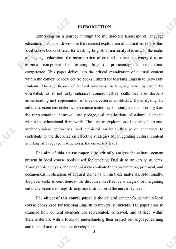 egies for incorporating cultural elements into language instruction, thereby advancing theoretical discussions on language learning, intercultural communication, and educational pedagogy. the tasks of this course paper include: 1. conducting a comprehensive analysis of cultural content within local course books used for teaching english to university students. 2. identifying and examining the representation, portrayal, and pedagogical implications of cultural elements present in the course materials. 3. reviewing existing literature and theoretical frameworks related to the integration of cultural content into language education. 4. selecting appropriate methodologies for analyzing the cultural content in the course books. 5. presenting findings from the analysis, including thematic trends, cultural perspectives, and potential stereotypes. 6. discussing the significance of cultural sensitivity and authenticity in selecting course books for language instruction. 7. offering recommendations for educators on effectively integrating cultural content into english language teaching practices at the university level. 8. contributing to the theoretical discourse on …