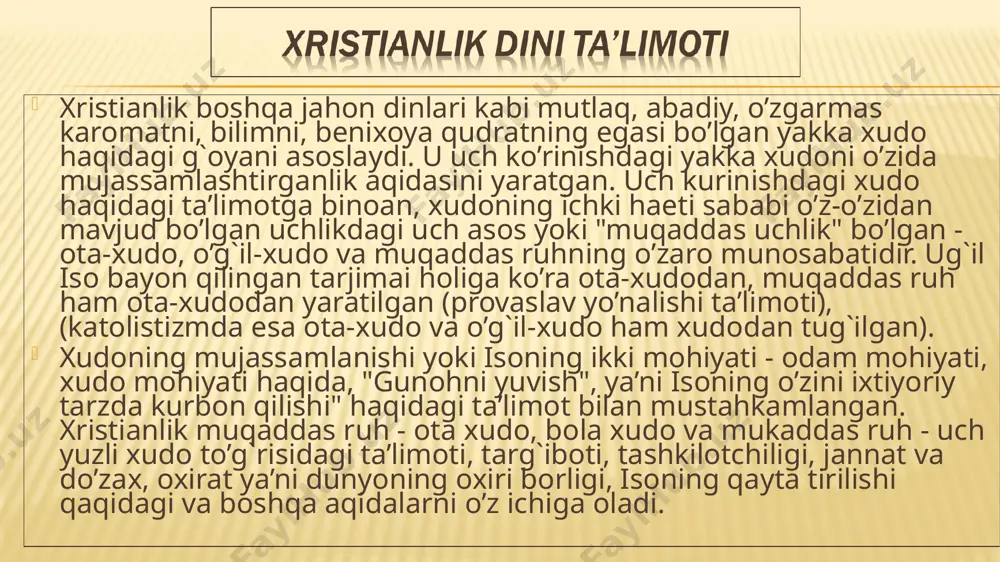 soxtalashtirilgan ko’rinishga ega, diniy o’qish, duo, iltijolar lotin tilida olib boriladi. pravoslaviyadagi kabi katolitsizmda ham farishta, ikona, ilohiy kuch, chirimaydigan marhum jasadlariga sig’inish odatlari mavjuddir. protestantizm tarixi martin lyuterdan (1483-1546) boshlanadi. u xvi asrda yevropada katoliklarga qarshi qaratilgan reformatsiya harakati bilan bog’liq juda ko’p mustaqil cherkovlar va sektalarni o’z ichiga oladi. protestantizm atamasi «protest» (norozilik) so’zidan kelib chiqqan. bunday nomni olishiga sabab 1526 yilda shpeyer reyxstagi nemis lyuterchi knyazlari talabi bilan har bir nemis knyazi o’zi va fuqarosi uchun xohlagan dinni tanlash huquqiga ega ekanligi to’g’risida qaror qabul qildi. ammo 1529 yilda ikkinchi shpeyer reyxstagi bu qarorni bekor qildi. bunga qarshi imperiyaning barcha shaharlari va besh knyazlik norozilik (protest) e’lon qildi. protestantizmning ilk shakllari “so`ngi protestantizm” shakllari lyuterchilik ; sivinglichilik; kalvinizm; unitarizm; sotsinchilik; anabaptizm; mennochilik; anglikanchilik;. baptistlar; metodistlar; kvakerlar; adventistlar; iegova shohidlari; mormonlar yoki «oxirat avliyolari»; «najot armiyasi»; «xristian fani»; pyatidesyatniklar. protestantizm xudoning borligi, uning uch qiyofada namoyon bo’lishi, jonning …