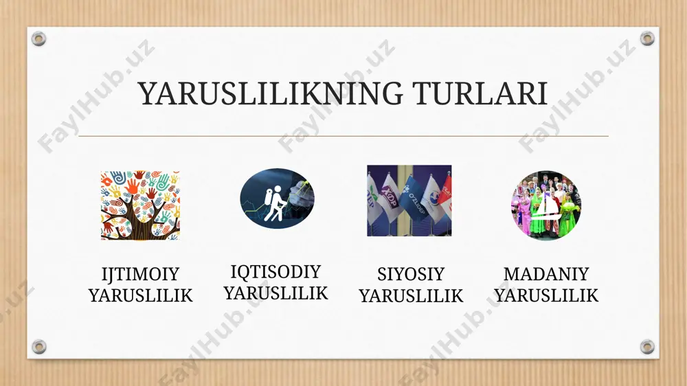 lilik esa turli guruhlarning madaniy va qadriyatlar tizimiga asoslangan farqlarni anglatadi. bu farqlar diniy e'tiqodlar, an'analar, urf-odatlar va boshqa madaniy omillarga asoslanadi. ba'zi guruhlar yuqori madaniy mavqega ega deb hisoblanadi,chunki ularning urf-odatlari, san'ati va tiliga ko'proq e'tibor qaratiladi. madaniy yaruslilik,ko'pincha ijtimoiy mavqega ta'sir qiladi va odamlarning turmush tarzini shakllantiradi.yaruslilikning ijtimoiy ta'siri 7 xulosa yaruslilik jamiyatning murakkab tuzilmasining ajralmas qismidir. har bir ijtimoiy guruhning o'ziga xos o'rni va roli mavjud. yaruslar orasidagi farqlar, ko'pincha, shaxslarning hayotiga ta'sir ko'rsatadi va jamiyatning rivojlanishida muhim rol o'ynaydi. ijtimoiy adolat va tenglikni ta'minlash, jamiyatda yaruslilikka qarshi kurashishning muhim bir qismi bo'lib, bu ijtimoiy barqarorlikni saqlashga yordam beradi. 8 image4.png image12.png image13.svg image14.png image5.jpeg image6.jpeg image7.png image8.png image9.svg image10.png image11.svg image2.jpeg image23.png image3.png .msftofcthm_accent6_fill { fill:#33cccc; } .msftofcthm_accent6_fill { fill:#33cccc; } .msftofcthm_accent6_fill { fill:#33cccc; }