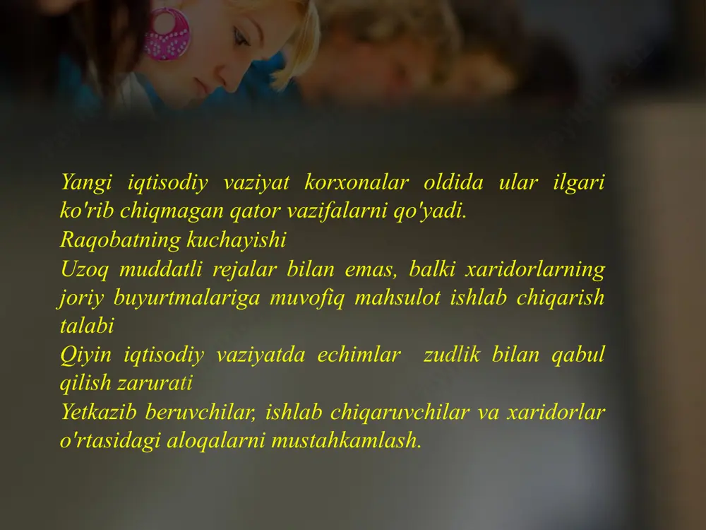 vatlari, barcha turdagi resurslar va mijozlar ehtiyojini qondirish; ⦿ umuman korxonaning moliyaviy aks etishi; ⦿ axborot texnologiyalariga kiritilgan sarmoyalarni himoya qilish; ⦿ tizimni bosqichma -bosqich joriy etish imkoniyatima'lum bir korxonaning investitsiya siyosati va boshqalar. erp ⦿ mrpii + moliyaviy rejalashtirish moduli frp ((finance requirements planning) moliyaviy talablarni rejalashtirish) = tizimlar korxona resurslarini rejalashtirish (erp enterprise resource planning) korxona manbalari rejasi). ⦿erp tizimlari - barcha korporativ biznes ma'lumotlarini o'z ichiga olgan ma'lumotlarning yagona ombori (ombori): moliyaviy ma'lumotlar,ishlab chiqarish ma'lumotlari, kadrlar to'g'risidagi ma'lumotlar vava hokazo. bu sinf tizimlari yirik korporatsiyalarni boshqarish muammolarini hal qilish uchun moliyaviy ma'lumotlar bilan ishlashga qaratilgangeografik jihatdan tarqalgan manbalar. ⦿ erp -tizimi - yaratishga imkon beruvchi birlashtirilgan ilovalar to'plamirejalashtirish, buxgalteriya hisobi, nazorat va barcha asosiy biznes operatsiyalarini tahlil qilishni avtomatlashtirish uchun yaxlit axborot muhitikorxonalar. интерфейс пользователя при оформлении заказа и реализации товаров и услуг image2.jpg image3.jpg image4.jpg image5.png image6.jpg image7.jpg image8.png image9.jpg image10.jpg image11.png image12.png image1.jpg