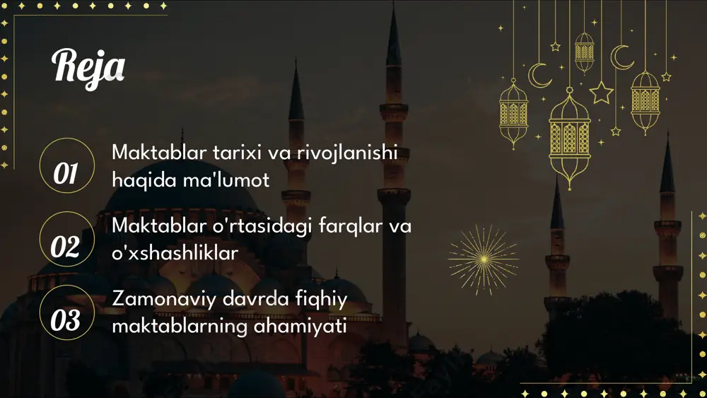 blarning umumiy tomonlari hanafi va shafi'i maktablari o'rtasida oilaviy masalalarda o'xshashliklar bor. masalan, nikoh shartlari va meros taqsimoti bo'yicha qarorlar bir xil prinsiplarni qo'llaydi. iqtisodiy masalalarda ham, masalan, tijorat shartnomalarida o'xshash yondashuvlar ko'rinadi. bu farqlarga qaramay, musulmonlar uchun umumiy asoslar mavjud. maktablar o'rtasidagi o'xshashliklar fiqhiy maktablarning zamonaviy roliga ta'siri zamonaviy fiqhiy maktablar ijtimoiy hayotda muhim o'rin egallaydi. ular, din va qonunlar o'rtasidagi muvozanatni saqlab, jamiyatdagi ahloqiy va ijtimoiy masalalarni hal qilishda faol ishtirok etadi. maktablar o'rtasidagi muhokamalar, zamonaviy muammolarni hal etishda muhim rol o'ynaydi. fiqhiy qarorlar, o'zbekistonda zamonaviy muammolarni hal qilishda katta ahamiyatga ega. ular aholi hayotini yaxshilash, ijtimoiy barqarorlikni ta'minlash va adolatni qozonishda yordam beradi. shuningdek, ushbu maktablar, hukumat va jamoatchilik o'rtasidagi aloqa o'rnatishda muhim rol o'ynaydi. zamonaviy fiqhiy maktablar va ularning ahmiyati zamonaviy fiqhiy maktablar islomiy qonunlarni talqin qilishda muhim rol o'ynaydi. ular diniy va ijtimoiy masalalarda jamoatchilik fikrini shakllantirishda faol ishtirok etadilar. bu maktablar nafaqat diniy hayotda, …