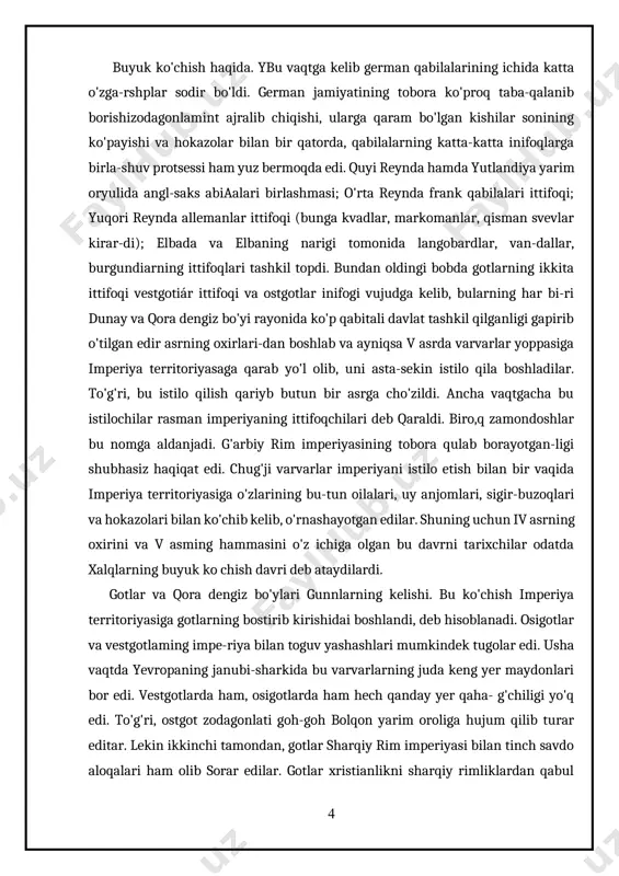 gotlar tez orada rim hukumatiga qarshi qo'zg'olon ko'tarib, «federatlik-dan endi imperiya qukumatining xavfli dushmanlariga aylandilar. bularga mahalliy konlarda-ishlayotgan yerli qullar ham (uldrning ham ko'pchiligi aslida varvarlardanedi) qo'shildilar. bestgotlar bolqon yarim orolining janubiga qarab yo'l oldilar. 378 yili ular adrionopolga yaqin joyda rim qo'shinlarini tor-mor qildilar; bu qo'shinlarga qo'mondonisk qilgan impera-tor valent o'ldirildi. vestgotlar konstantinopolga yaqinla-shib kelmoqda edilar. yangi imperator feodosiy 1 (379-395) bir do'q-po'pisa qilib, bir bo'lsa diplomatik muzokaralar yurgizib vestgotlarni tinchlantirishga muvaffaq bo'ldi, ularga bolgon yarim orolining turli joylaridan yangi, serhosil yerlar-ni ajratib berdi. qeyinchalik, 50- yillarda hozirgi yugosla-viya tenttoriyasidagi iliriya viloyati vestgotlarga berildi. feodosiy oʻtgandan keyin rim imperiyasi uning qillari o'rtasida taqsimlandi. sharqqda arkadiy (395-408) g'arbda gonorly (395-423) idora qila boshladi. aka-uka imperator-larning ikkalasi ham bir-biriga dushman edi. konstantinopol hukumati vestgotdami g'arbiy rim imperiyasiga qarshi qo'zg'a tishga qasddan harakat qildi. gonoriyning lashkarboshisi stilixon (aslida varvar edi) dastlabki vaqida vestgotlarning italiyaga qilgan hujumini to'xtatib turdi. u hano britaniyadagi rim …