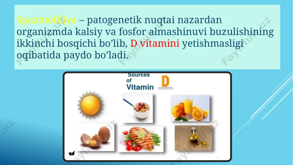 n bosilganda (nerv-tomir tutami) qo’l barmoqlarining tirishishi va “akusher qo’li” ko’rinishi yuzaga kelishi. maslov simptomi igna sanchilganda bolalar nafas olishining tezlashishi. bu yashirin spazmofiliyada nafas mushaklar spazmi natijasida paydo bo’ladi. laringospazm korpopedal spazm eklamsiya hushni yo’qotish bilan kechuvchi keng tarqalgan talvasa.ba’zida talvasalar og’iz uchida va ko’zdagi mushaklarning uchishi bilan boshlanadi. xuruj davomiyligi bir necha minutdan bir necha soatgacha davom etadi( bu eklamptik status deb ataladi) eeg o’zgarishsiz bo’lishi mumkin diagnostika qon tahlilida aniqlanadi: gipoklsiemiya alkaloz giperfosfatemiya gipomagniemiya giponatriemiya gipoxloremiya giperkaliemiya alkaloz spazmofiliyani davolash yashirin va aniq spazmofiliyada 10% li kalsiy xlorid eritmasi bir choy qoshiq yoki desert qoshiqdan; kalsiy glukonat 1-2 grammdan kuniga 3 mahal tavsiya etiladi laringospazmni yengil turida toza havo bilan ta’minlanadi, yuzga sovuq suv sepiladi, cho’ziluvchan xurujlarda til orqa qismi qo’zg’atiladi talvasa paytida yordam berish seduksen 0,5% li 0,1 ml/kg magniy sulfat 25% li 0,5ml/kg gomk 20% li 0,5 ml/kg kalsiy glukonat 10% li 1-2 ml/kg talvasadan …