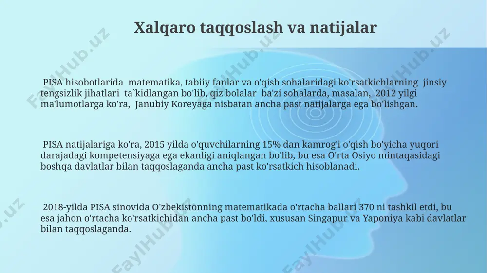 ball to'plagan bo'lsa-da, o'qish savodxonligi bo'yicha farq sezilarli emas edi. 2018-yilda o'zbekiston pisa sinovlarida matematika, tabiiy fanlar va o'qish savodxonligi bo'yicha o'rtacha ko'rsatkichlardan past natijalar qayd etdi, bu ta'lim sifatini yaxshilash bo'yicha qo'shimcha ishlarni talab qiladi. pisa sinovlari metodologiyasi pisa baholari faqatgina bilimlarni emas, balki muammo yechish, tanqidiy fikrlash va hamkorlik qilish kabi ko'nikmalarni ham o'z ichiga oladi, bu esa 3000 dan ortiq savollardan iborat testlar orqali amalga oshiriladi. pisa sinovlari 65 dan ortiq mamlakat va iqtisodiyotlarda 15 yoshli o'quvchilarning o'qish, matematika va tabiiy fanlar bo'yicha bilim va ko'nikmalarini baholash uchun ikki yilda bir marta o'tkaziladi. sinovlarning metodologiyasi, o'quvchilarning bilim va ko'nikmalarini real hayot vaziyatlarida qo'llash qobiliyatini baholashga qaratilgan bo'lib, masalan, shanxaydagi o'quvchilarning yuqori natijalarini ko'rsatgan testlar 2006 yildan beri qo'llaniladi. e'tiboringiz uchun rahmat @taqdimot_robot image1.png