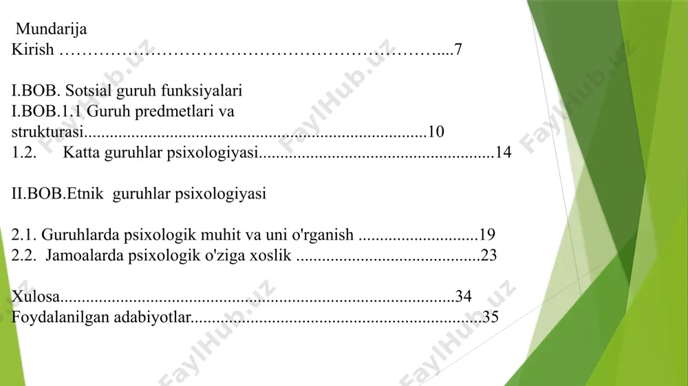 sonlar bilan muloqotda, o‘zaro ta’sirda bo‘ladi, bu muloqot jarayonlari esa doimo kishilar guruhida ro‘y beradi. shuning uchun ham guruhlar muammosi, uni o‘rganish va guruhlarning shakllanishiga oid ilmiy xulosalar chiqarish sotsial psixologiyaning asosiy mavzularidan va muammolaridan biridir. psixologik ma’noda guruh bu umumiy belgilar, umumiy faoliyat, muloqot hamda umumiy maqsad asosida birlashgan kishilar uyushmasidir. demak, olimlar guruhi tashkil topishi uchun albatta qandaydir umumiy maqsad yoki tilaklar, umumiy belgilar bo‘lishi shart. masalan, talabalar guruhi uchun umumiy narsalar ko‘p (o‘quv faoliyati, bilim olish, yoshlarga xos birliklar(o‘spirin yoshlar), ma’lum o‘quv yurtida ta’lim olish istagi va hokazo. ko‘chada biror tasodif ro‘y berganligi uchun to‘plangan kishilar uchun ham umumiy bo‘lgan narsa bor bu qiziquvchanlik bo‘lib o‘tgan hodisaga guvohlik, unga umumiy munosabatdir.guruhlarning turlari kop shuning uchun guruhlarni turli olimlar turlicha klassifikatsiya qiladilar.bizning fikrimizcha g.m.andreyevaning “sotsial psixologiya “darsligidagi klassifikatsiya guruhning barcha turlarini qamrab olgan.u har qanday kishilar guruhini avvala shartli va real guruhlarga bo’lgan.real guruhlar aniq tadqiqotlar maqsadida to’plangan …