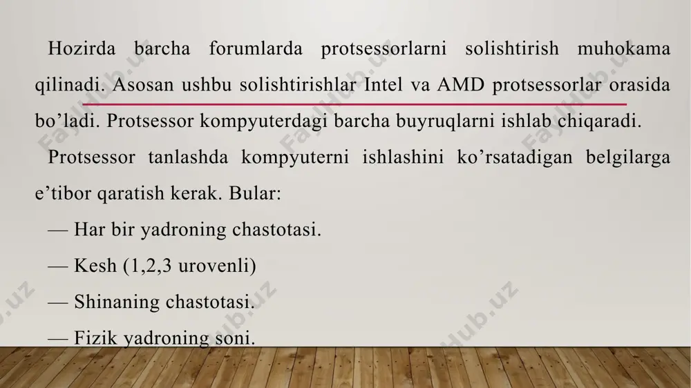 sessori o'z ichida 5,5 milliondan ortiq tranzistorlarni saqlaydi. mikro- sxema ishlab chiqarilgan yili taktlovchi chastota, mgs tranzistor- larining soni xotira xajmi izoh 4004 1971 0,108 2 300 640 bayt mikrosxemaga joylashti-rilgan birinchi mikroprotsessor 8008 1972 0,08 3 500 16 kbayt birinchi 8- razryadli mikroprotsessor 8080 1974 2 6 000 64 kbayt mikrosxemaga joylashtirilgan birinchi ko‘pmaqsadli protsessor 8086 1978 5 - 10 29 000 1 mbayt mikrosxemaga joylashti-rilgan birinchi ko‘pmaqsadli 16-razryadli protsessor 8088 1979 5 - 8 29 000 1 mbayt ibm pc shaxsiy kompyuterida ishlatilgan protsessor 80286 1982 8 - 12 134 000 16mbayt himoyalangan xotiraga ega protsessor 80386 1985 16 - 33 275 000 4 gbayt birinchi 32- razryadli protsessor 80486 1989 25 - 100 1 200 000 4 gbayt 8 kbaytli kesh xotiraga ega protsessor pentium 1993 60-223 3 100 000 4 gbayt ikkita konveyerga ega protsessor pentium pro 1995 150 - 200 5 500 000 4 gbayt …