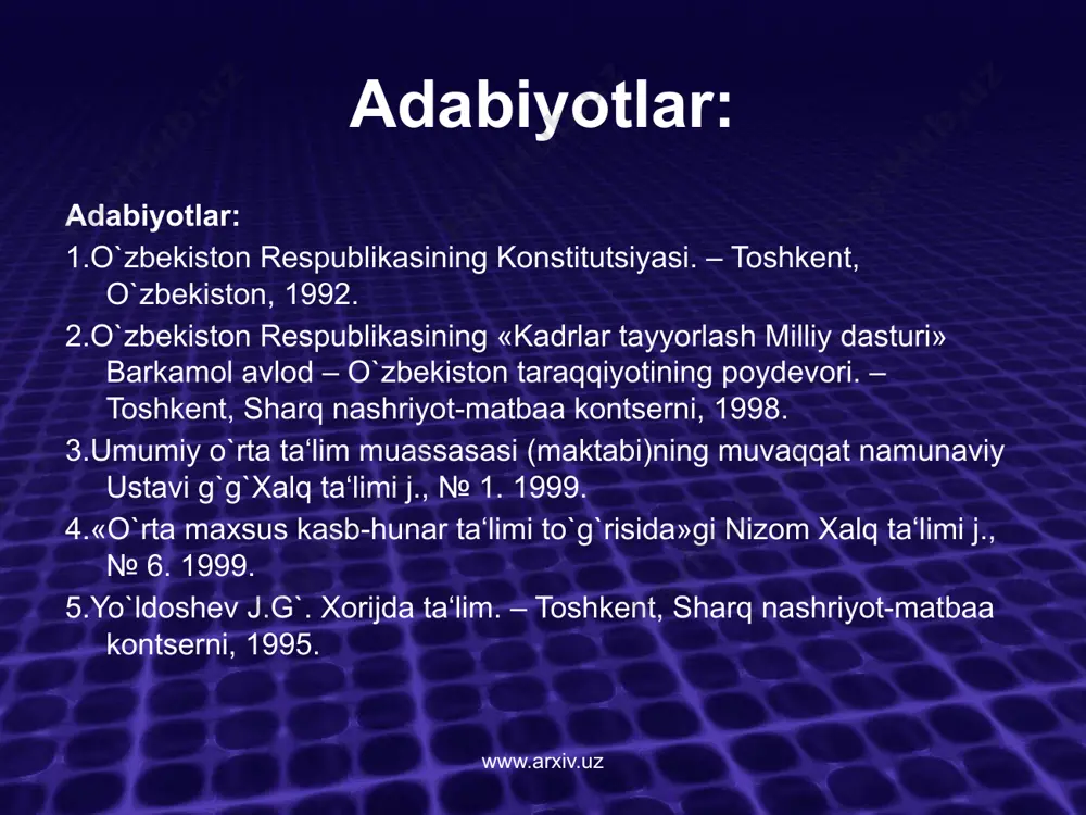 iy xumoya qilish; ta‘lim tizimini boshqarish. www.arxiv.uz ta‘lim sohasidagi davlat siyosatining asosiy tamoyillari. o`zbekiston respublikasining «ta‘lim to`g`risida»gi qonunining 3-moddasida ta‘lim sohasidagi davlat siyosatining asosiy tamoyillari ko`rsatib o`tilgan. ular quyidagilardan iborat: -ta‘lim-tarbiyaning insonparvar va demokratik xarakterda bo`lishi, -ta‘lim tizimining uzluksizligi va izchilligi; -umumiy o`rta, shuningdek, o`rta maxsus kasb-hunar ta‘limining yo`nalishlarini tanlashning ixtiyorligi; -ta‘lim tizimining dunyoviy xarakterda ekanligi; davlat ta‘lim standarti doirasida ta‘lim olishning hamma uchun ochiqligi; -ta‘lim dasturini tanlashga yagona va tabaqalashtirilgan yondoshuv; - bilimli bo`lishni rag`batlantirish; -ta‘lim tizimida davlat va jamiyat boshqaruvini tuyg`unlashtirish www.arxiv.uz o`zbekiston respublikasining «ta‘lim to`g`risida»gi qonunida alohida urg`u berilganidek, ta‘limni tashkil etishning asosiy maqsadi – jamiyatda intellektual va ilmiy potentsialni rivojlantirish, jamiyat, oila va davlat oldidagi burchi, javobgarligini anglaydigan barkamol va mustaqil fikrli shaxsni shakllantirishdan iborat www.arxiv.uz ta’lim tizimini jamoatchilik sosida boshqarish o‘qituvchilar, o‘quvchilar, ota-onalar va jamoatchilik vakillaridan iborat pedagogik kengashning ta’lim muassasasi faoliyatini samarali tashkil etishga yo‘naltirilgan faoliyati www.arxiv.uz o`zbekiston respublikasining «ta‘lim to`g`risida»gi qonunining 3-moddasida ta‘lim …