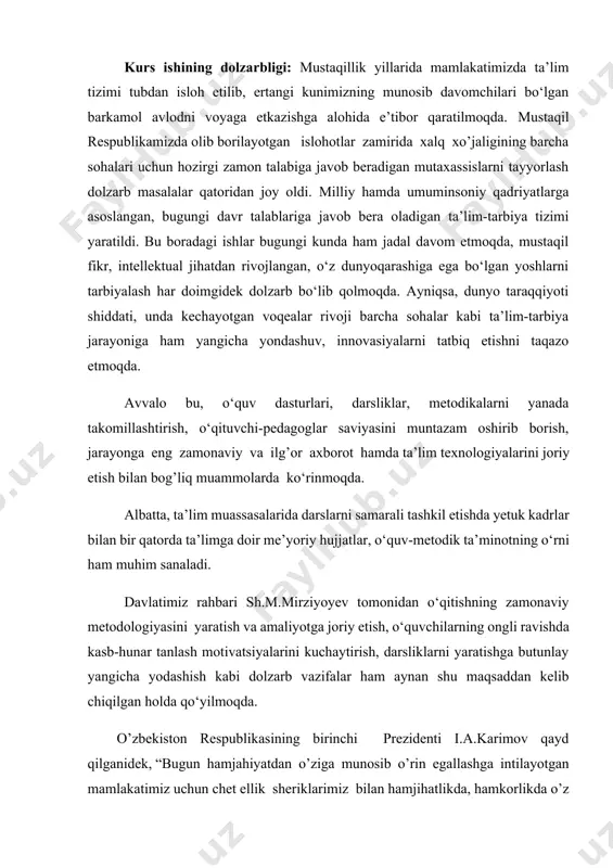 rslarni samarali tashkil etishda yetuk kadrlar bilan bir qatorda ta’limga doir me’yoriy hujjatlar, o‘quv-metodik ta’minotning o‘rni ham muhim sanaladi. davlatimiz rahbari sh.m.mirziyoyev tomonidan o‘qitishning zamonaviy metodologiyasini yaratish va amaliyotga joriy etish, o‘quvchilarning ongli ravishda kasb-hunar tanlash motivatsiyalarini kuchaytirish, darsliklarni yaratishga butunlay yangicha yodashish kabi dolzarb vazifalar ham aynan shu maqsaddan kelib chiqilgan holda qo‘yilmoqda. o’zbekiston respublikasining birinchi prezidenti i.a.karimov qayd qilganidek, “bugun hamjahiyatdan o’ziga munosib o’rin egallashga intilayotgan mamlakatimiz uchun chet ellik sheriklarimiz bilan hamjihatlikda, hamkorlikda o’z buyuk kelajagini qurayotgan xalqimiz uchun xorijiy tillarni mukammal bilishning ahamiyatini baholashning xojati yoqdir” yosh avlodni ma’naviy-ahloqiy tarbiyalashda xalqimizning boy milliy, madaniy, tarixiy an’analariga, urf-odatlariga hamda umumbashariy qadriyatlarga asoslangan samarali, zamonaviy pedagogik texnologiyalarni ishlab chiqilib, amaliyotga joriy etilishi-shaxsni tarbiyalash va uni har tomonlama kamol toptirishning ustuvorligini ta’minlash; umumiy hamda milliy pedagogik ma’naviyatni oshirish; mamlakatimiz fuqarolari orasida milliy mafkuraviy tarbiya ishlarini takomillashtirish ta’limning asosiy maqsadidir. ushbu maqsaddan kelib chiqqan holda barcha ta’lim muassasalarida ta’lim jarayonini …