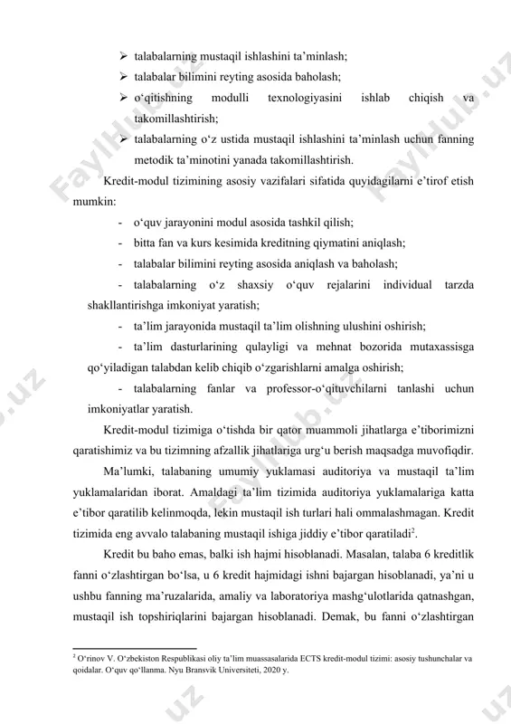 sh mumkin: · talabalarning mustaqil ishlashini ta’minlash; · talabalar bilimini reyting asosida baholash; · o‘qitishning modulli texnologiyasini ishlab chiqish va takomillashtirish; · talabalarning o‘z ustida mustaqil ishlashini ta’minlash uchun fanning metodik ta’minotini yanada takomillashtirish. kredit-modul tizimining asosiy vazifalari sifatida quyidagilarni e’tirof etish mumkin: · o‘quv jarayonini modul asosida tashkil qilish; · bitta fan va kurs kesimida kreditning qiymatini aniqlash; · talabalar bilimini reyting asosida aniqlash va baholash; · talabalarning o‘z shaxsiy o‘quv rejalarini individual tarzda shakllantirishga imkoniyat yaratish; · ta’lim jarayonida mustaqil ta’lim olishning ulushini oshirish; · ta’lim dasturlarining qulayligi va mehnat bozorida mutaxassisga qo‘yiladigan talabdan kelib chiqib o‘zgarishlarni amalga oshirish; · talabalarning fanlar va professor-o‘qituvchilarni tanlashi uchun imkoniyatlar yaratish. kredit-modul tizimiga o‘tishda bir qator muammoli jihatlarga e’tiborimizni qaratishimiz va bu tizimning afzallik jihatlariga urg‘u berish maqsadga muvofiqdir. ma’lumki, talabaning umumiy yuklamasi auditoriya va mustaqil ta’lim yuklamalaridan iborat. amaldagi ta’lim tizimida auditoriya yuklamalariga katta e’tibor qaratilib kelinmoqda, lekin mustaqil ish …