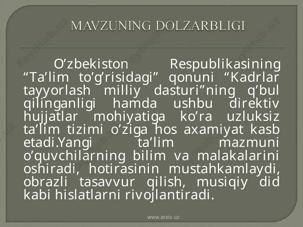 shakillantirish o`quvchilarning evropa mumtoz musiqalari o`zlashtirilishi 3.3.6-sinfda volfgang amadey motsartning ijodi asarlarining o`zlashtirilishining tajriba sinov natijalari www.arxiv.uz www.arxiv.uz dunyo tan olgan kompozitorlardan bo`lgan betxoven, motsart asarlari o`quvchilarni estetik shakllanishida katta axamiyatga ega. ularning asarlarida mumtoz musiqa ohanglarini xis etamiz va bu ohanglarni tinglab olamni tasavvur etishga, tabiat go`zalligini musiqa orqali sezishga va uni asrashga o`rgatamiz. www.arxiv.uz www.arxiv.uz musiqa tinglash 4-bosqichda amalga oshiriladi. 1. asarni tushunish uchun o`quvchilar diqqatini jamlash va asar haqida o`qituvchining kirish so`zi. 2. o`qituvchi ijrosida yoki audio yozuvida musiqiy asarni tinglash. 3. asarni suxbat yo`li bilan musiqiy badiiy jihatdan oddiy taxlil etish. 4. asarni to`liq qayta tinglash so`ng asar haqida o`quvchilarning umumiy taasurotlari yuzasidan yakuniy suhbat o`tkazish. www.arxiv.uz www.arxiv.uz www.arxiv.uz mavzu yevropa klassik kompozitorlarining asarlari orqali o`quvchilarning musiqiy idrokini shakllantirish maqsad va vazifalar. vamotsart yaratgan operalari orqali badiiy obrazlarni tasavvur qilish bilim malakalarni shakllantirish va mustahkamlash. o`quv jarayoning mazmuni. motsartning xalqaro yaratgan operalari va asarlarining mazmuni va …