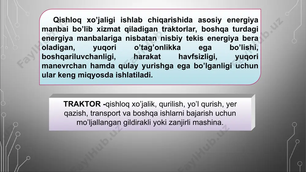arab: passajir avtomobillar yuk tashuvchi avtomobillar maxsus avtomobillar passajir avtomobillari engil bir necha passajirlar tashishga mo’ljallangan avtobuslar passajirlar gruppasini tashishga mo’ljallangan avtobuslar passajirlarni yaqin masofaga tashish mo’ljallangan shahar avtobuslari uzoq masofaga mo’ljallangan shaharlararo qatnov avtobuslari passajirlarni yaqin masofaga tashish mo’ljallangan shahar avtobuslari traktorlarni asosiy qismlari dvigatel kuch uzatmasi transmissiya yurish qismi boshqarish mexanizmlari ishchi va yordamchi jihozlari avtomobillarni asosiy qismlari dvigatel shassi kuzov 1-dvigatel;, 2-tishlashish muftasi;3-uzatmalar qutisi; 4-asosiy uzatma; 5-differentsial; 6-oxirgi uzatma; 7,8-osma va tirkama moslamasi; 9-etakchi g’ildirak; 10-boshqariluvchi g’ildirak; 11-oldingi ko’pirik. g’ildirakli traktorni umumiy ko’rinishi (a) va asosiy qismlarini joylashishi (b) zanjirli traktorni umumiy ko’rinishi (a) va asosiy qismlarini joylashishi (b) 1-dvigatel;, 2-tishlashish muftasi;3-uzatmalar qutisi; 4-asosiy uzatma; 5-oxirgi uzatma; 6,7-osma va tirkama moslamasi; 8-etakchi yulduzcha; 9-boshqariluvchi g’ildirak; 10-planetar burish mexanizmi; 11-oraliq birikma; 12-zanjir; 13-katoklar. yuk avtomobilini umumiy ko’rinishi va asosiy qismlari a-avtomobilni umumiy ko’rinishi; b-dvigatel;, v-kuzov; g-kuch uzatmasi; d-tormoz tizimi; ye-boshqarish mexanizmi; j-yurish qismi. traktorlarga qo’yiladigan asosiy talablar spetsifik …