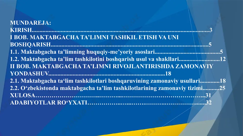 oada bo‘ladigan shaxslarning o‘zaro munosabatlarini tashkil etishiga muhim ilmiy-amaliy manba bo‘lib xizmat qiladi. biroq o‘tkazilgan tahlillar maktabgacha ta’lim sohasida olib borilayotgan ishlarning samarasi va natijasi yеtarli darajada emasligini ko‘rsatmoqda. bugungi kunda maktabgacha ta’lim sohasida prezidentimiz sh.m. mirziyoyev faol tashabbusi bilan amalga oshirilayotgan ishlar, qabul qilinayotgan farmon va qarorlar muhim ahamiyat kasb etmoqda. maktabgacha ta’lim vazirligining tashkil etilishi, prezidentimiz tomonidan “2017-2021-yillarda maktabgacha ta’lim tizimini yanada takomillashtirish chora-tadbirlari to‘g‘risida”gi qaror, «maktabgacha ta’lim tizimi boshqaruvini tubdan takomillashtirish choratadbirlari to‘g‘risida»gi farmon, o‘zbekiston respublikasi vazirlar mahkamasining “maktabgacha ta’lim tashkilotlari faoliyatini takomillashtirish to‘g‘risida” gi 528-sonli qarori, “o‘zbekiston respublikasi maktabgacha ta’lim tizimini 2030-yilgacha rivojlantirish kontsepsiyasi” kabi rasmiy hujjatlarning qabul qilinishi maktabgacha ta’lim tizimida ta’lim sifati va samaradorligini oshirishda alohida o‘rin egallamoqda kurs ishining maqsadi va vazifasi vazifalar: maqsad: maktabgacha ta‘lim tashkilotini boshqarish va uning faoliyatini tashkil etish tartibini tatbiq qilish. kurs ishining vazifalari. kurs ishining vazifalari quyidagilardan iborat: maktabgacha ta’limning huquqiy-me’yoriy asoslarini tatbiq qilish; ta’lim tizimida maktabgacha …