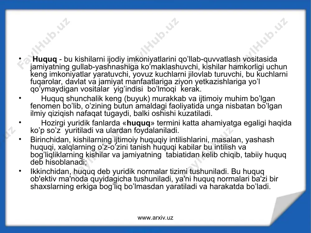 uz www.arxiv.uz www.arxiv.uz huquq axloq shakkllanish usullari (***) davlat tomonidan o’rnatiladi (ishlab chiqiladi) stixiyali yo’zaga keladi amal qilish shakli yozma manbalarda kishilar ongida ta'minlash usullari davlat tomonidan ta'minlanadi. jamiyatning ta'sir kuchi bilan qo’llab-quvvatlanadi. ta'sir etish xarakteriga ko’ra tartibga solish mexanizmi orqali bevosita ong orqali harakat etish doirasi davlat nazorati ostida bo’lgan munosabatlar davlat nazoratida bo’lmagan munosabatlar www.arxiv.uz huquq normalari yuridik hamda qonunchilik amaliyotida yoki davlat va jamiyat tegishli institutlarinining amal qilish jarayonida yuzaga keladi. axloq normalari esa jamiyatning ma'naviy doirasida shakllanadi, jamiyatning tuzilishi (struktura)si va tashkilotlari bilan bog’liq bo’lmasdan, uni ijtimoiy ongdan ajratib bo’lmaydi. huquq normalari hujjatlar ko’rinishida (normativ-huquqiy aktlar, sud qarorlari, normativ shartnoma va b.) va qattiq mustahkamlangan bo’ladi. axloq normalari jamiyat a’zolari ongida mustahkamlangan bo’lib, printsip, tushunchalar, g’oyalar, baholar va h.k.lar ko’rinishida amal qiladi. axloq (ma'naviyat) – ijtimoiy normalarning turi bo’lib, jamiyat hayotini barcha tomonlarini qamrab oladi va tegishli baho beradi. huquq normalari (yoki huquq) bilan tartibga solingan …