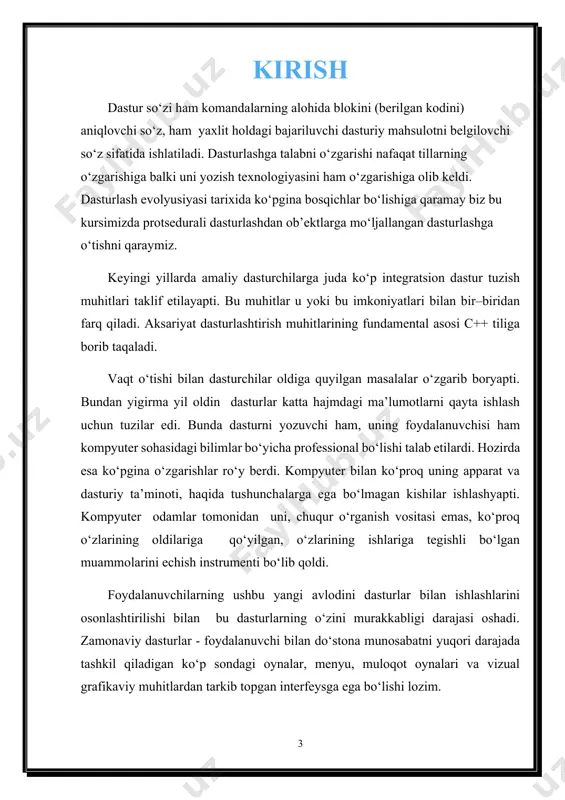 ganda tadbiq qilinadi. ma’lumki, saralashning turli hil algoritmlari mavjud. sababi, bitta masalani saralash uchun juda ko’plab turli hil algoritmlardan foydalanish mumkin. berilgan masalani hal qilishda ba’zilari mukammal bo’lishi mumkin. shuning uchun saralash masalasida algoritmlarni qiyosiy tahlilini o’tkazish zarurati paydo bo’ladi. saralash masalasini qo’yilishini quyidagicha yozish mumkin. faraz qilaylik, a1, a2 ,…, an, elementlar ketma-ketligi berilgan bo’lsin. u holda saralash algoritmi elementlarni massivga shunday joylashtiradiki, natijada ular qandaydir munosabatga nisbatan f(ak1)f(ak2) …f(akn) tartibga ega bo’ladi. odatda f tartiblash funksiyasi qandaydir maxsus qoida bilan hisoblanmasdan, balki elementni kalit qiymati bo’yicha massiv elementlari tartiblanadi. ma’lumotlarga qayta ishlov berilayotganda ma’lumotni informasion maydonini hamda uni mashinda joylashishini (adresini) bilish zarur. saralashni ikkita turi mavjud: · ichki saralash – bu operativ xotiradagi saralash; · tashqi saralash – tashqi xotirada saralash. saralash bu ma’lumotlarni kalitlari bo’yicha xotirada regulyar ko’rinishda joylashtirishdir. regulyarlik deganda ma’lumotlar kalit qiymatlari bo’yicha massivda boshidan oxirigacha o’sishi yoki kamayishi tushiniladi. agar saralanayotgan yozuvlar xotirada …