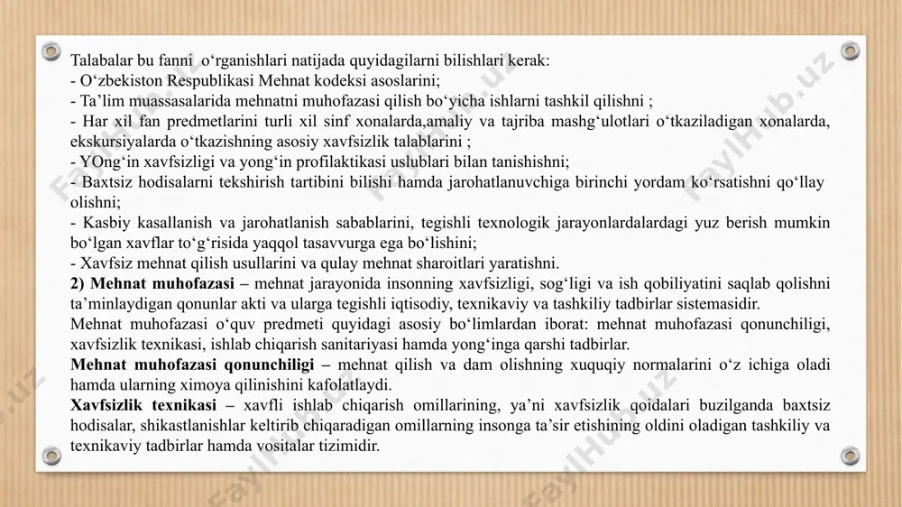 da mehnat shartnomasi tuzish yo‘li bilan amalga oshiradilar. barcha korxona va tashkilotlarda sog‘lom va xavfsiz mehnat sharoiti yaratib beriladi. bu ishlar korxona va tashkilotlarning ma’muriyati zimmasiga yuklanadi. mehnat kodeksi haqida umumiy ma’lumot o’zbekiston respublikasi oliy majlisi 1995 yil 21-dekabrda 161-1 raqamli o’zbekiston respublikasining mehnat kodeksini tasdiqladi. mehnat kodeksi 16 bob va 294 ta moddadan iborat. o’zbekiston respublikasi mehnat kodeksi konstitutsiyamiz va xalqaro norma va standartlarga muvofiq tarzda ishlab chiqilgan mehnat kodeksi mehnat haqidagi qonunlarning muayyan tizimga solingan majmuidir mehnat kodeksi 2 qism : umumiy qismda: 1.mehnat qonunchiligining umumiy qonun qoidalari; 2.mehnat sohasidagi davlat boshqaruvi; 3.mehnat haqidagi qonun hujjatlarining qo’llanilish doirasi: 4.mehnatga oid munosabatlarning subyektlari, ularning huquq va majburiyatlari; 5. xodim va ish beruvchi o’rtasida tuziladigan shartnomalar va boshqalar. 2.maxsus qismda; 1. ishga joylashish masalasi; 2. mehnat shartnomasi ; 3. ish vaqti; 4. dam olish vaqti; 5. mehnatga haq to’lash; 6. kafolatli to’lovlar va kompensatsiya to’lovlari; 7. mehnat institutizomi; 8. mehnat …