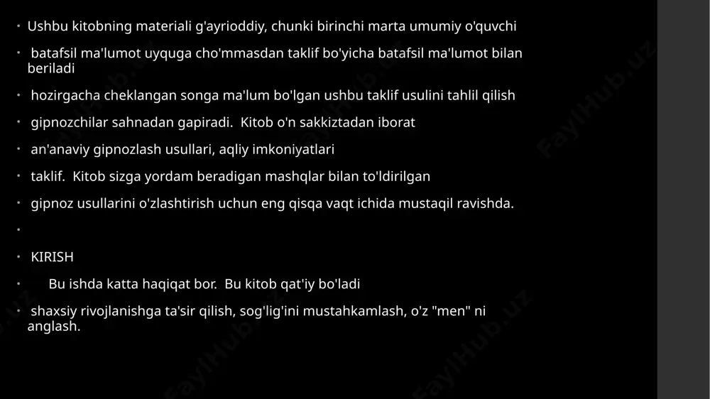 ga kirib borishi kerak va ongsiz. bu aniqlik gipnozchining mohiyatidir. bu tuyg'u berilmaydi darhol, u asta-sekin ishlab chiqariladi va himoya qilinishi kerak. bo'lishi mumkin emas holatda, siz bajarilmasligini bilgan ishni qabul qila olmaysiz yoki bajarilmaydigan va'da berish yolg'on emas. yolg'on ong ostiga bo'lgan ishonchni buzadi. bu sizning tormozingiz: nosamimiylik chekish spirtli ichimliklar ichish asab tizimini qo'zg'atadigan ichimliklardan foydalanish (kuchli qahva va va boshqalar.) esingizda bo'lsin - gipnozchining so'zi qonundir. agar va'da bergan bo'lsangiz, siz bajarishi kerak. agar siz okklyuziv fanlar yoki yoga bilan tanish bo'lsangiz, unda siz, albatta, bu masaladagi o'xshashliklarga e'tibor qaratdi. klassik yoga o'rganish yama deb ataladigan birinchi qadamdan boshlanadi. eng muhimlaridan biri yama tamoyillari - bu haqiqat (satya), unga rioya qilmaslik kerak faqat so'zda, balki fikrlarda ham. bu eng muhim tamoyillardan biridir sehrgarlik. jodugarlik darsliklarida to'g'ridan-to'g'ri aytiladi: "jodugarning so'zi - so'z jodugarlar va uni buzish mumkin emas." yana bir o'xshatish: jodugarlikda, ular bir nechta oddiy narsalarni olganda …