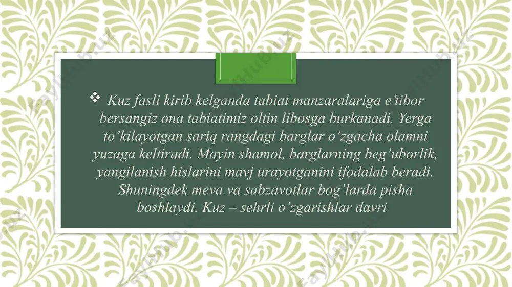 chik noto'g'ri harakat bizni o'rab turgan narsaga salbiy ta'sir ko'rsatishi mumkinligini hech qachon unutmang. etiboringiz uchun rahmat! image2.bmp image3.png image4.png image5.png image6.png image7.png image8.png image9.png image10.png image11.png /docprops/thumbnail.jpeg