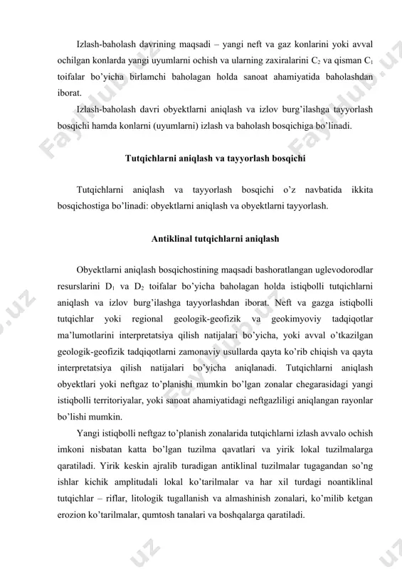gi istiqbolli territoriyalar, yoki sanoat ahamiyatidagi neftgazliligi aniqlangan rayonlar bo’lishi mumkin. yangi istiqbolli neftgaz to’planish zonalarida tutqichlarni izlash avvalo ochish imkoni nisbatan katta bo’lgan tuzilma qavatlari va yirik lokal tuzilmalarga qaratiladi. yirik keskin ajralib turadigan antiklinal tuzilmalar tugagandan so’ng ishlar kichik amplitudali lokal ko’tarilmalar va har xil turdagi noantiklinal tutqichlar – riflar, litologik tugallanish va almashinish zonalari, ko’milib ketgan erozion ko’tarilmalar, qumtosh tanalari va boshqalarga qaratiladi. tutqichlarni aniqlash bo’yicha ishlarning namunaviy kompleksi quyidagilarni o’z ichiga oladi: 1. generatsiyaning lokal va mukammal darajasidagi afs va ks materiallarini talqin qilish (deshifrovka). 2. 1:100 000 va 1:50 000 miqyoslarda tuzilma-geomorfologik va tuzilmageologik, geokimyoviy, gidrogeologik suratga olish. 3. 1:100 000 va 1:50 000 miqyoslarda turli modifikatsiyalardagi gravi-, elektro- va magnitorazvedkalardan tashkil topgan kompleks geofizik tadqiqotlar. 4. alohida regional profillar bo’yicha qtu, uchnu, stku seysmik qidirish ishlari. 5. geologik kesimni bashoratlash bo’yicha va “uyum” turidagi anomaliyalarni aniqlash maqsadida bevosita izlashlarga maxsus tadqiqotlar va ishlar. 6. …