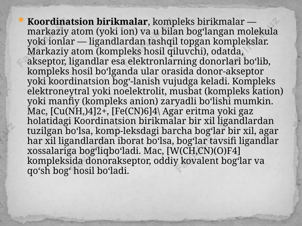 on birikmalar formulasini yozganda tashqi sfera ionlari kvadrat qavsdan tashqariga chiqariladi. markaziy atom bilan bevosita bogʻlangan ionlar yoki molekulalar soni uning koordinatsion soni (koordinatsion birikmalar) deb ataladi. mas, k4[fe(cn)6], ti(co)7 va [cu(nh3)4]so4 da markaziy atomlarning koordinatsion birikmalar 6, 7 va 4 ga teng . d.i.mendeleyev davriy sistemasining katta davrlari oʻrtasidagi (oraliq) elementlar (ti, v, sg , mn, fe, so, ni, si, zn, zr, nb, mo, tc, ru, rh, pd, ag, cd, hf, ta, w, re, os, ir, pt, ai, hg, nodir yer elementlari, aktinoidlar), baʼzi metallmaslar, mas, v, r, si koʻpincha kompleks birikma hosil qiluvchi markaziy atomlar boʻlib, kislotalarning anionlari (gʻ-, s1-, br-, s2-, wo2, so42, ro43’ va boshqalar), shuningdek, o, n, p, s, se, s atomlariga ega boʻlgan neytral organik va anorganik molekulalar hamda radikallar ligandlar boʻlib qatnashishi mumkin. ichki sferasida kislotalarning anionlari bor koordinatsion birikmalar (atsidokomplekslar) anorganik komplekslarga yaqqol misol boʻla oladi. eng koʻp tap-kalgan ligand — suvda …