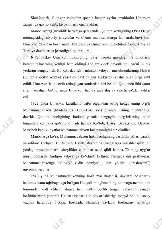 i berdilar. 1840 yilda muhammadalixonning bosh maslahatchisi, davlatni boshqaruv ishlarida katta tajribaga ega bo‘lgan haqquli mingboshining tuhmatga uchrab xon tomonidan qatl etilishi shusiz ham qaltis bo‘lib turgan vaziyatni yanada keskinlashtirib yubordi. undan tashqari xon davlat ishlariga loqayd bo‘lib, asosiy vaqtini haramida o‘tkaza boshladi. natijada davlatni boshqaruv ishlarida suiste’molliklardan umumiy noroziliklar boshlanib, xonni ag‘darish uchun fitna tayyorlana boshladi. lekin o‘z kuchlari bilan fitnani amalga oshirishga ko‘zi yetmagan bir guruh qo‘qon amaldorlari boshqa xon saylash maqsadida buxoro amiri nasrulloga noma yozib, undan yordam so‘rashdi. qo‘qon yurishi uchun bahona topolmay turgan amir nasrullo bu taklifni tezda qabul qilib, 1842 yil aprelda qo‘qonni bosib oldi. qo‘qondan oilasi bilan namangan tomonga qochgan muhammadalixon tutib keltirilib, oilasining bir qismi bilan qatl ettirildi. amir nasrullo qo‘qon xonligining buxoroga qo‘shib olinganligini e’lon qilib, qo‘qonda o‘z noibi ibrohim dodhoh mang‘itni qoldiradi. ammo, ibroxim dodhohning qo‘qon halqiga o‘tkazgan jabr-zulmi, soliqlarning haddan tashqari oshib ketishi natijasida aholi qo‘zg‘olon ko‘tarib, buxoro hukmronligidan …
