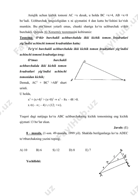 kichik asosini toping. a) 3 b) 4 s) 5 d) 2 e) 4,2 yechilishi: shartga ko‘ra ac= 8, ad =bc =7, aniqlik uchun dc =a, ab= deb olaylik. ab ni davomida a ga teng kesma qo‘yamiz. bu yerda adc va bce uchbur- chaklar o‘xshash. demak ac=ce=8 bo‘lib, ace teng tomonli uchburchak. aec =600, bc =7, ce=8 ma’lumotlardan bce uchburchakda bc2 = ce2 +be2 – 2 ce · be cos600, ya’ni 72=a2+82 – 2a · 8 · ( a1=5 a2=3 masala shartini a=3 qanoatlantiradi. javob: (a) 20 – masala. (10-son.47-masala, 1999 yil). abc uchburchakning ad medianasi 6 ga ac tomoni 8 ga va ular orasidagi burchak 300 ga teng abc uchburchakning yuzini toping. a) 28 b) 26 s) 22 d) 30 e) 24 yechilishi: bizga ma’lumki mediana uchburchak yuzini teng ikkiga bo‘ladi. demak, s∆abc = 2 · s∆acd= 2 · · 6 · 8 · sin300 =24. javob: (e) 21 – …