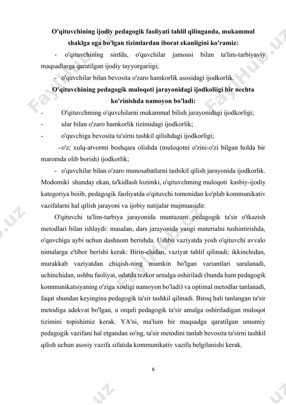 pishimiz kerak. ya'ni, ma'lum bir maqsadga qaratilgan umumiy pedagogik vazifani hal etgandan so'ng, ta'sir metodini tanlab bevosita ta'sirni tashkil qilish uchun asosiy vazifa sifatida kommunikativ vazifa belgilanishi kerak. kommunikativ vazifa pedagogik faoliyatda, nisbatan ishlab chiqaruvchi xarakterga ega bo'lib, murakkab vazifani hal etadi. zero u pedagogik vazifadan kelib chiqqan, shu sababli o'qituvchi tomonidan tanlanadi va belgilanadi. aytish mumkinki, kommunikativ vazifa aynan kommunikatsiya tiliga o'tkazilgan pedagogik' vazifaning o'zi. kommunikativ vazifa pedagogik vazifamng asosim aks ettirib, unga nisbatan yordamchi, instrumental xarakterga ega bo'lgan jarayondir. pedagogik amalyotlar natijasi shundan dalolat beradiki, o'qituvchi o'quvchilar bilan o'zaro hamkorlikning o'ziga xos to'g'ri metodini tanlab hamda vaziyatni to'g'ri baholagan taqdirda ham ko'pincha o'z pedagogik ta'sirini kommunikativ jihatdan ta'minlay olmaydi, ya'ni kommunikatsiyani o'zaro muloqotda amaliy jihatdan tatbiq eta olmaydi. pedagogik ta'sirning o'qituvchi tomonidan tanlanib qo'llaniladigan metodlari bevosita muloqot orqali amalga oshiriladi. shunday ekan, mazkur jarayonni yuksak mahorat bilan, ongli ravishda tashkil etish, pedagogik faoliyatda sodir bo'lishi mumkin bo'lgan har …