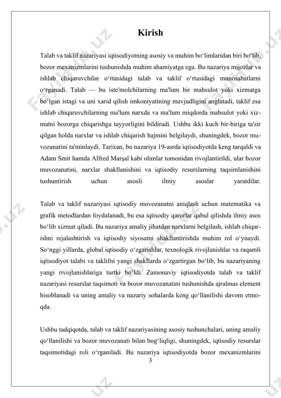 vchilar ko‘proq mahsulot ishlab chiqarishga tayyor bo‘lishadi, narx pasayganda esa ishlab chiqarish hajmi kamayadi. taklif egri chizig‘i narx va taklif miqdorini o‘rtasidagi munosabatni tasvirlaydi va odatda yuqoriga bukilgan bo‘ladi, bu narxning taklifga ta'sirini ko‘rsatadi. talab va taklif nazariyasi bo‘yicha, bozor narxi va ishlab chiqarish hajmi ularning o‘zaro ta'siri natijasida muvozanat holatiga keladi. bu muvozanat nuqtasi — bozor muvozanati yoki muvozanat narxi — talab va taklif teng bo‘ladigan narx va miqdordir. agar narx muvozanatdan yuqori bo‘lsa, talab kamayadi va taklif ortadi, natijada narx tushib, muvozanatga kelish jarayoni boshlanadi. aksincha, narx past bo‘lsa, talab ortadi, taklif esa kamayadi va narx o‘z o‘rniga keladi. bu jarayon bozorning o‘z-o‘zini tartibga solish mexanizmi bo‘lib, iqtisodiy muvozanatni ta'minlaydi. tarixan, talab va taklif nazariyasi 19-asrda ishlab chiqilgan bo‘lib, uni rivojlantirishda adam smit va alfred marşal kabi olimlarning hissasi katta. ular bozor muvozanatining qanday shakllanishini va narxlarning qanday belgilanishini tushuntirishga harakat qilganlar. ularning ishlari iqtisodiy resurslarning taqsimlanishi va …