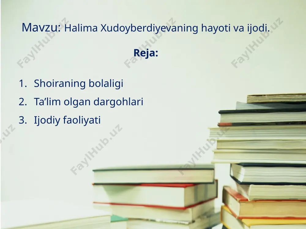 8-yilning 17-avgustida toshkent shahrida vafot etdi… begim, sizni tabiat… begim, sizn tabiat raso qilib yaratgan kimlarnidir o’ychan-u, sizni ulib yaratgan. nogahon berib q’yib bu husnni, kamolni, o’zi ham rashk, hasadga to’lib-to’lib yaratgan. qiya tushgan nigohni armonga yo’ymagaysiz, qiz qalbiga sevmoqni osonga yo’ymagaysiz. qiynamangiz, u o’zi o’rtanguvchi bir bag’ir, bu bag’irni kenglikda osmonga yo’ymagaysiz. e’tiboringiz uchun tashakkur! image2.jpeg image3.jpeg image4.png image5.jpeg image6.jpeg image7.png image8.png image9.png image10.jpeg image11.png 6 gen odakl arka fon ( yatay ) /docprops/thumbnail.jpeg