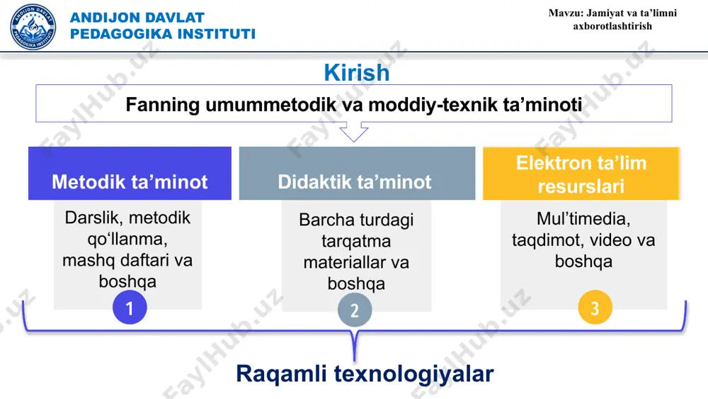 dars davomida axborot-ta'lim manbalaridan foydalanish imkoniyatini beradi va o'qituvchilar darslarni masofadan turib olib borishlari yoki ish joylarida masofadan o'qitish kurslarida qatnashishlari mumkin bo'ladi. mavzu: jamiyat va ta’limni axborotlashtirish andijon davlat pedagogika instituti 3. masofaviy ta'lim texnologiyalarini yaratish va amalga oshirish. bugungi kunda ushbu ta'lim shakli eng istiqbolli hisoblanadi. shu bilan birga, masofaviy ta'limning bir qator kamchiliklari bor, ular orasida kurslarning yuqori narxini va biroz tugallanmagan bilimlarni boshqarish tizimini ajratib ko'rsatish mumkin. kelajakda o'qitish metodikasini sinchkovlik bilan ishlab chiqish va uning narxini pasaytirish rejalashtirilmoqda, bu esa uni hamma uchun qulay qiladi. 4. ta'limni o'z vaqtida olib borishga, mashg'ulotning ma'lum bir uslubining kamchiliklari va afzalliklarini aniqlashga yordam beradigan o'qitishni kuzatish uchun yagona axborot tizimini yaratish. bu axborotlashtirishning asosiy vazifalaridan biridir. shu bilan birga, ta'lim sifati sezilarli darajada oshishi kerak, deydi mutaxassislar. 5. ta'lim muassasalarini elektron bilan ta'minlash o'quv qo'llanmalaritegishli ta'lim dasturlari... so'nggi paytlarda elektron darsliklarni yaratish muammosi ham ommalashmoqda, bu esa o'qitish …