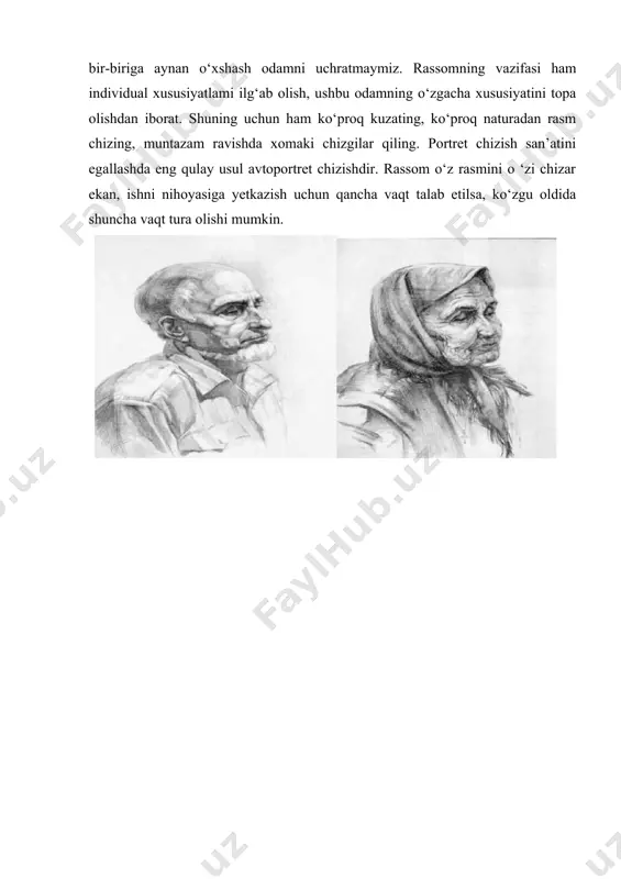 yanvar, № 11 6. mirziyoev sh.m. buyuk kelajagimizni mard va olijanob xalqimiz bilan birga quramiz. toshkent, “o‘zbekiston”, 2017 yil 7. mirziyoev sh.m. qonun ustuvorligi va inson manfaatlarini ta’minlash-yurt taraqqiyoti va xalq faravonligining garovi.toshkent, “o‘zbekiston”, 2017 yil 8. b.boymetov “portret qalamtasviri” pedagogika institutlari va universitetlari talabalari uchun o‘quv qo‘llanma. toshkent, 2001. 9. tojiev b, mahkamova s. “qalamtasvir” (dastlabki saboqlar). metodik qo‘llanma. toshkent, 2013.